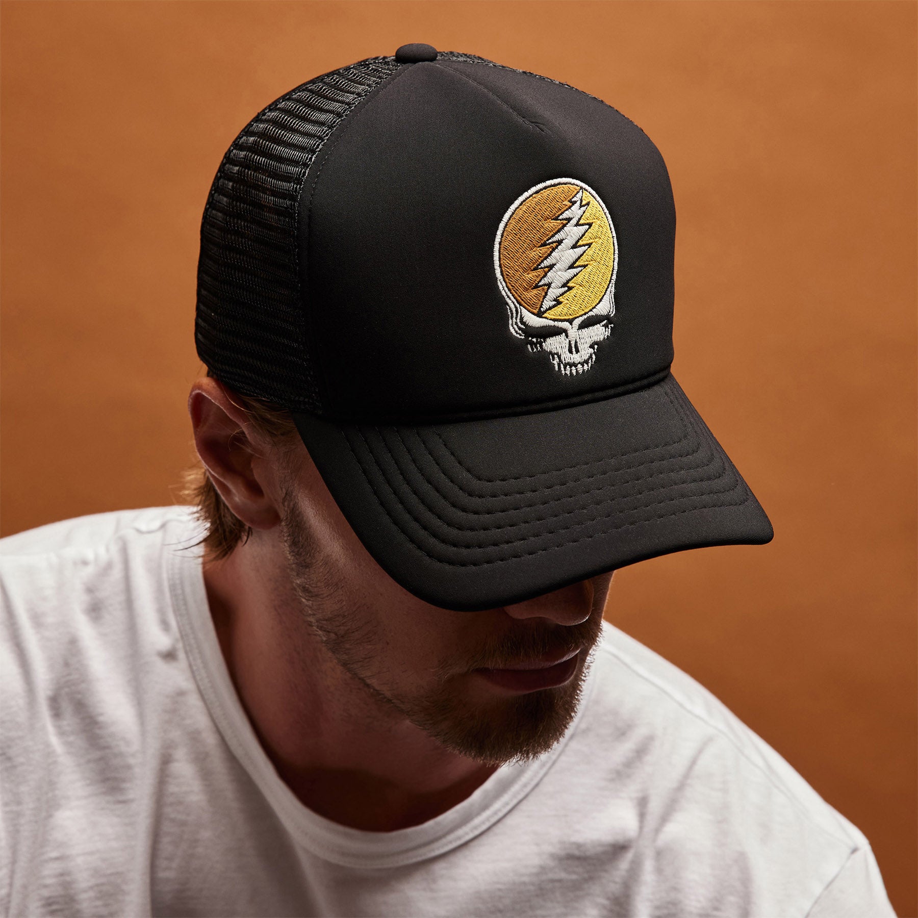 Grateful Dead Men's Cashmere Sweater & Trucker Hat Set - Black/Burnt Orange | Vintage Band Merch | Casual Outfit & Music Festival Wear