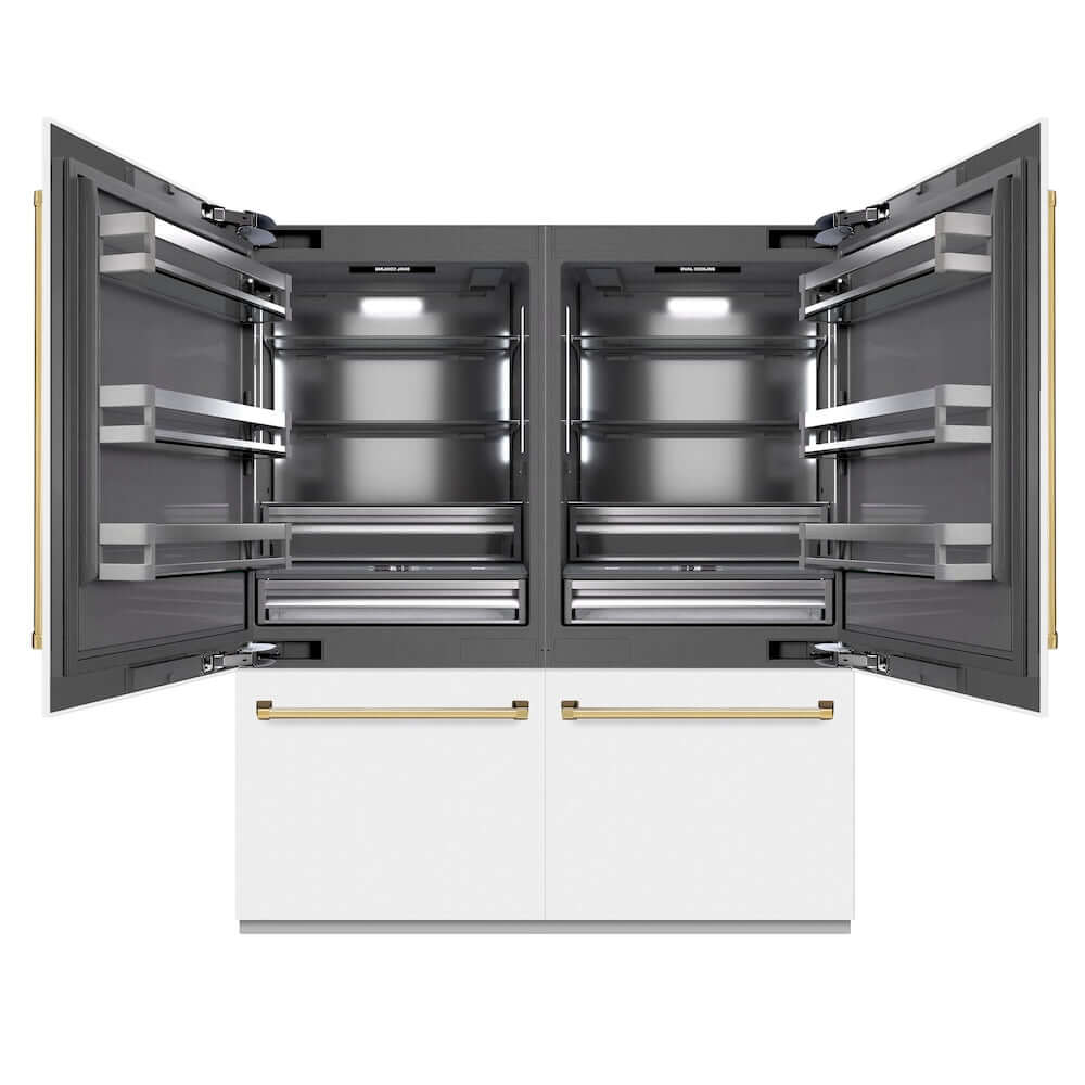 ZLINE Autograph Edition 72-Inch Built-In French Door Refrigerator - 39.6 cu ft Capacity, Bottom Freezer, Water Dispenser & Ice Maker - White Matte Exterior with Graphite Gray Interior & Polished Gold Accents (GRBITZ WM 72 G) - Perfect for Luxury Kitchens and Modern Home Design