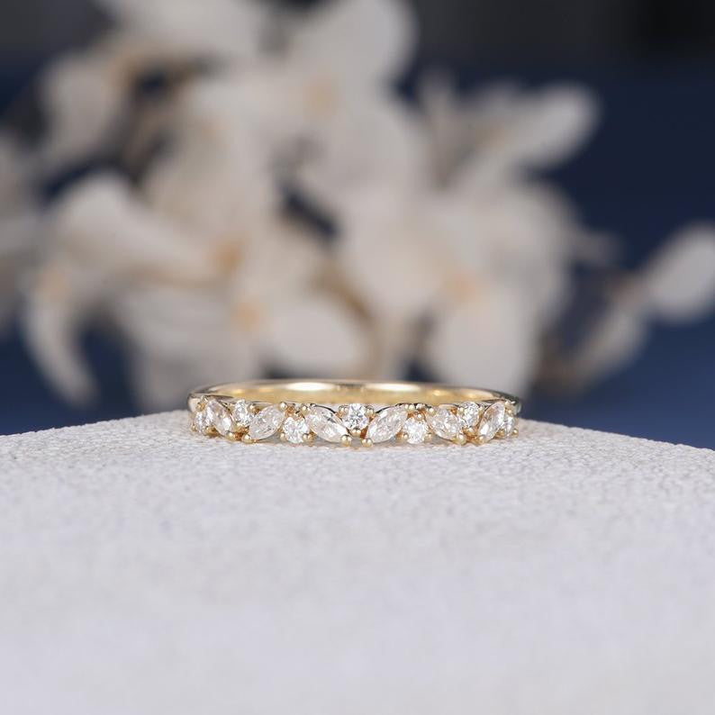 Vintage Cluster Moissanite Ring for Women - 14K Yellow Gold Marquise Stackable Wedding Band, Art Deco Inspired Jewelry for Bridal, Anniversary, and Special Occasions