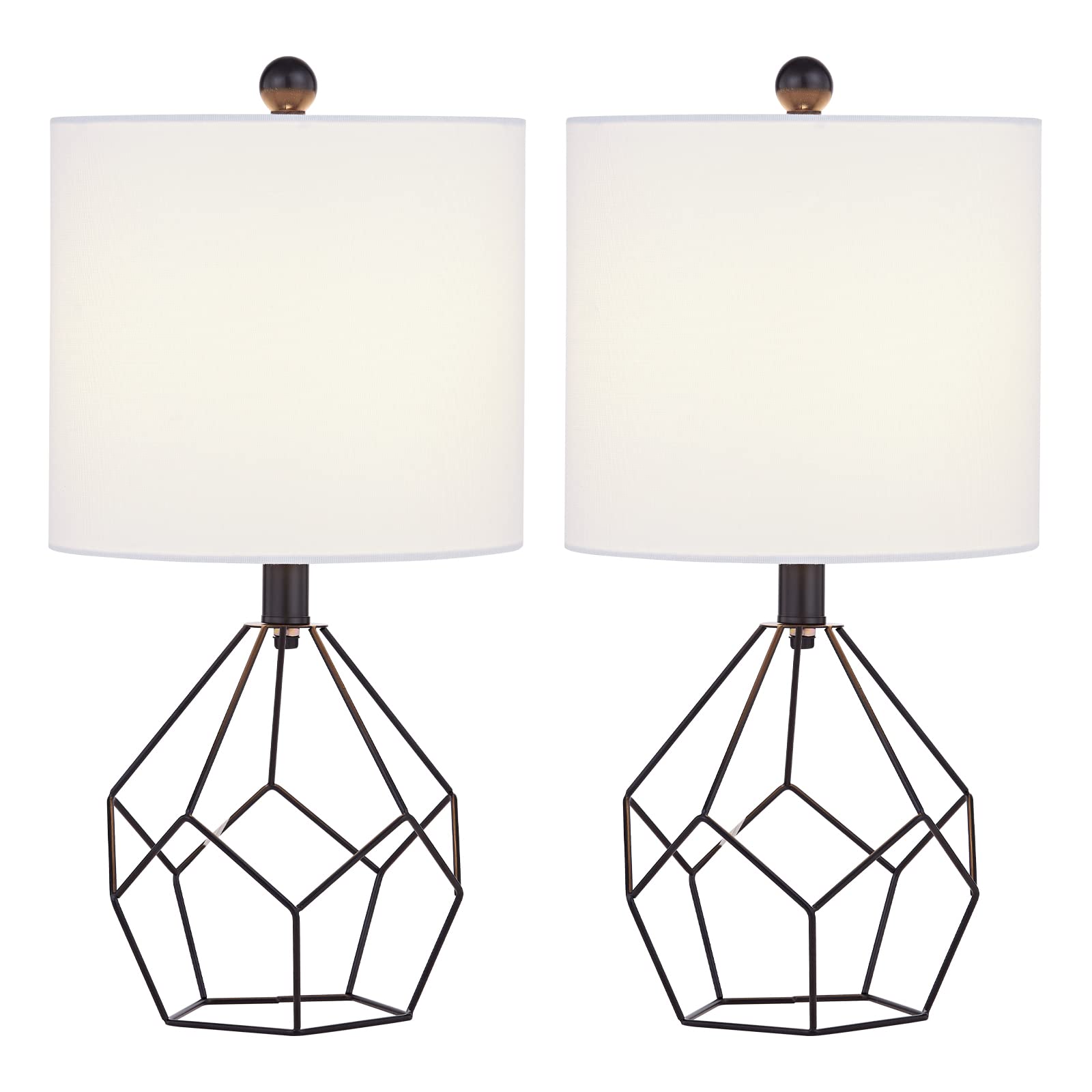 Maxax Modern Black Hollowed Out Geometric Table Lamps Set of 2 with White Lampshade - 18.75 Inch Bedside Nightstand Lighting for Living Room, Bedroom, Office & Guestroom - Perfect for Reading, Decor & Ambient Lighting
