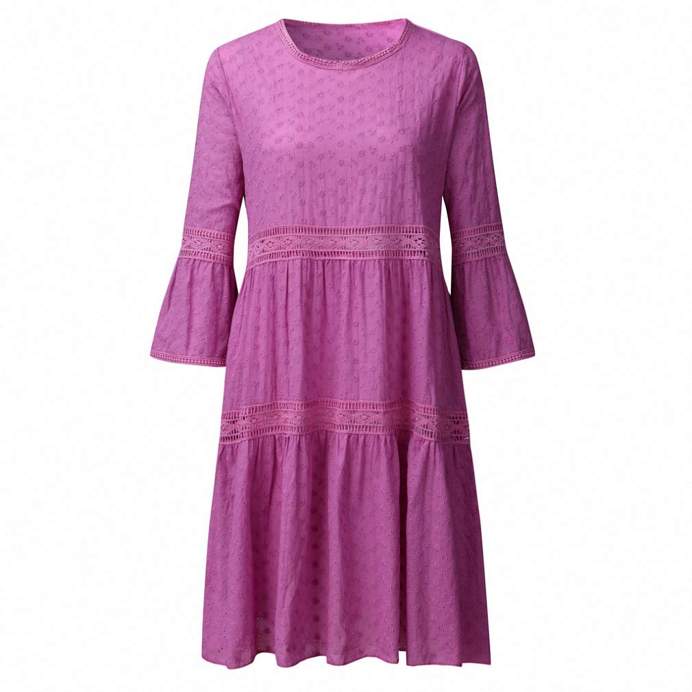 Boho Solid Crew Neck Hollow Out Spliced 3/4 Sleeve Midi Dress for Women - Plus Size Summer Beach Dress for Casual Wear, Vacation & Outdoor Activities
