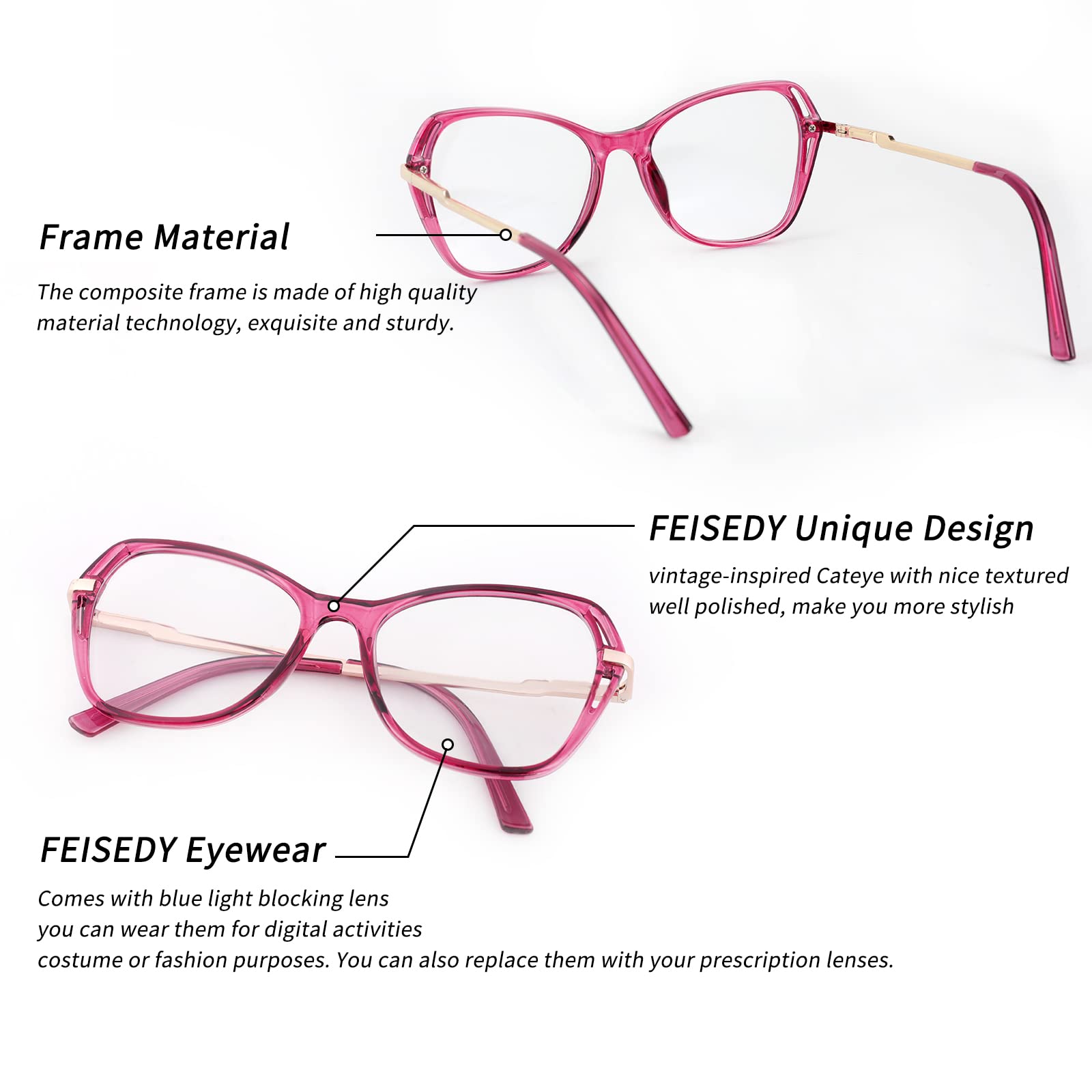 FEISEDY Blue Light Blocking Glasses for Women & Men - Anti Eye Strain Computer Glasses with Cateye Frame (Model B4069) - Perfect for Office Work, Gaming & Screen Time