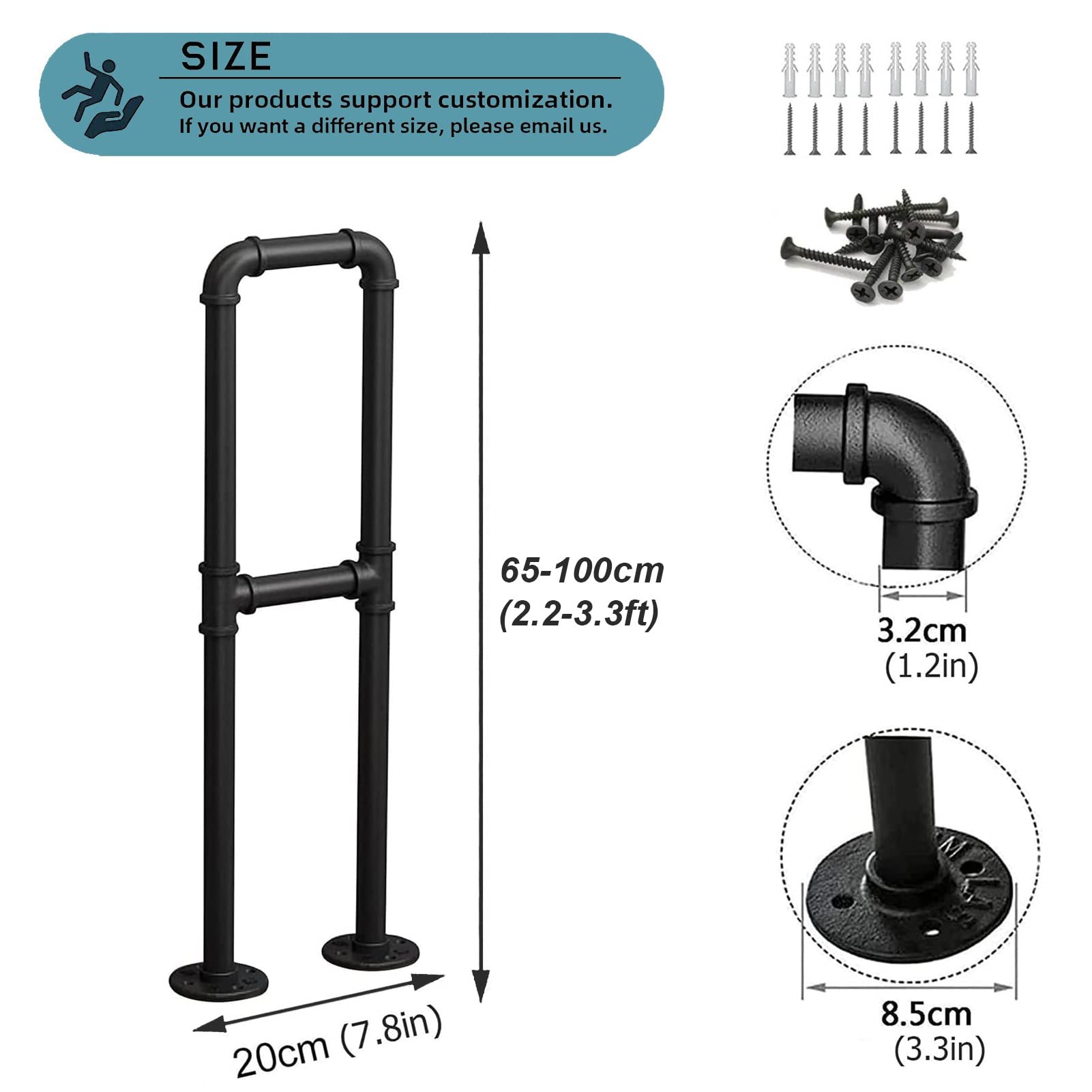 Outdoor Wrought Iron Stair Railing Handrail - Matte Black 3.3 FT for Deck Steps, Porch & Garden Stairs | Durable Metal Handrail for 1 Step | Weather-Resistant Exterior Stair Railing for Home Safety