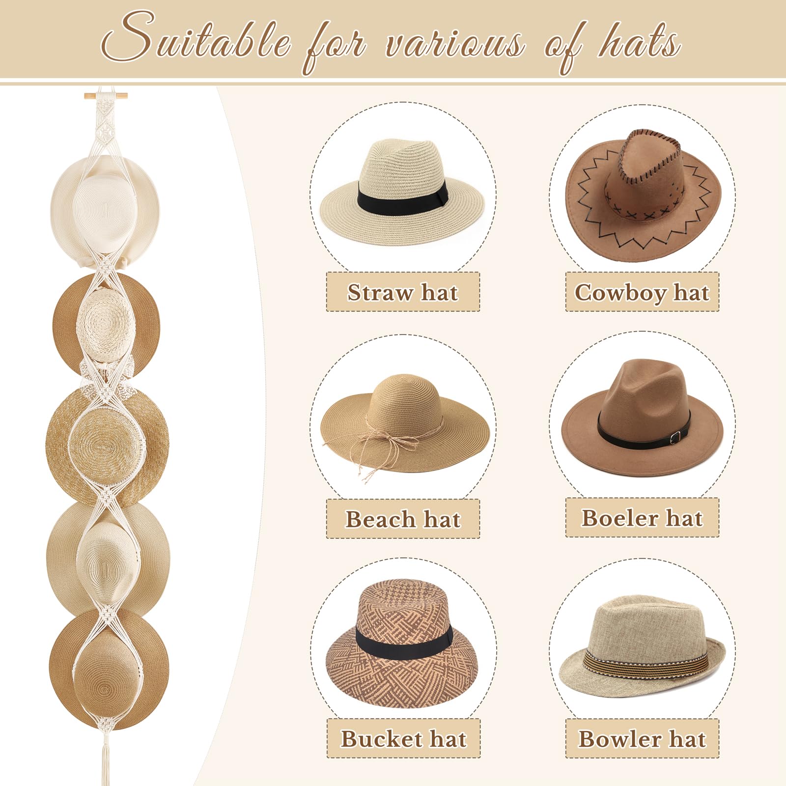 Dahey Macrame Wall Hat Hanger - Handwoven Cowboy Hat Organizer for Wide Brim, Fedora & Bowler Hats - Western Decor (5-Hook Style) - Perfect for Bedroom, Entryway & Western-Themed Home Decor