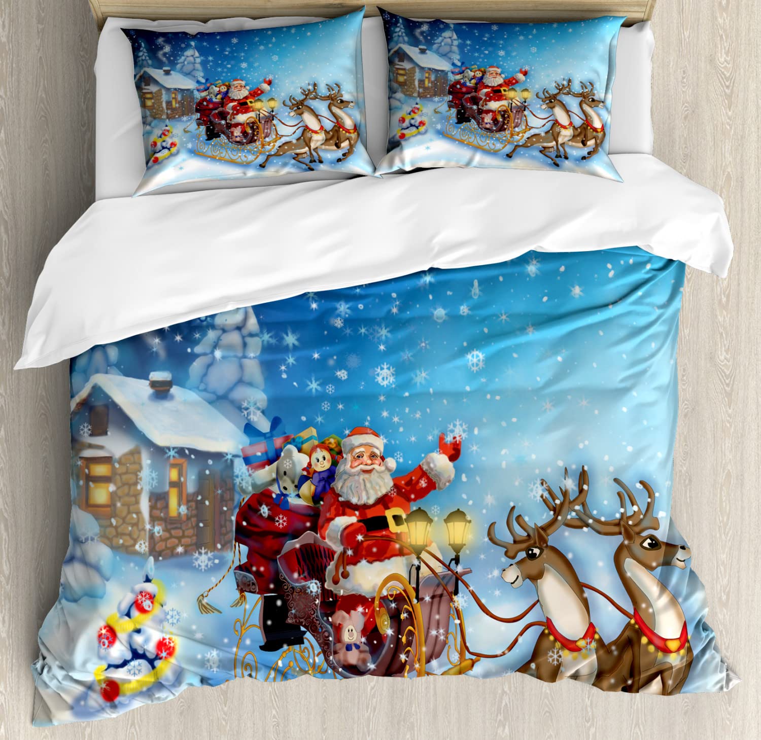 Ambesonne Christmas Duvet Cover Set - Santa Sleigh with Reindeer & Snowy North Pole Fantasy Design, 2-Piece Queen Size Bedding Set with 4 Pillowcases, Navy Blue - Perfect for Holiday Decor & Cozy Winter Bedrooms