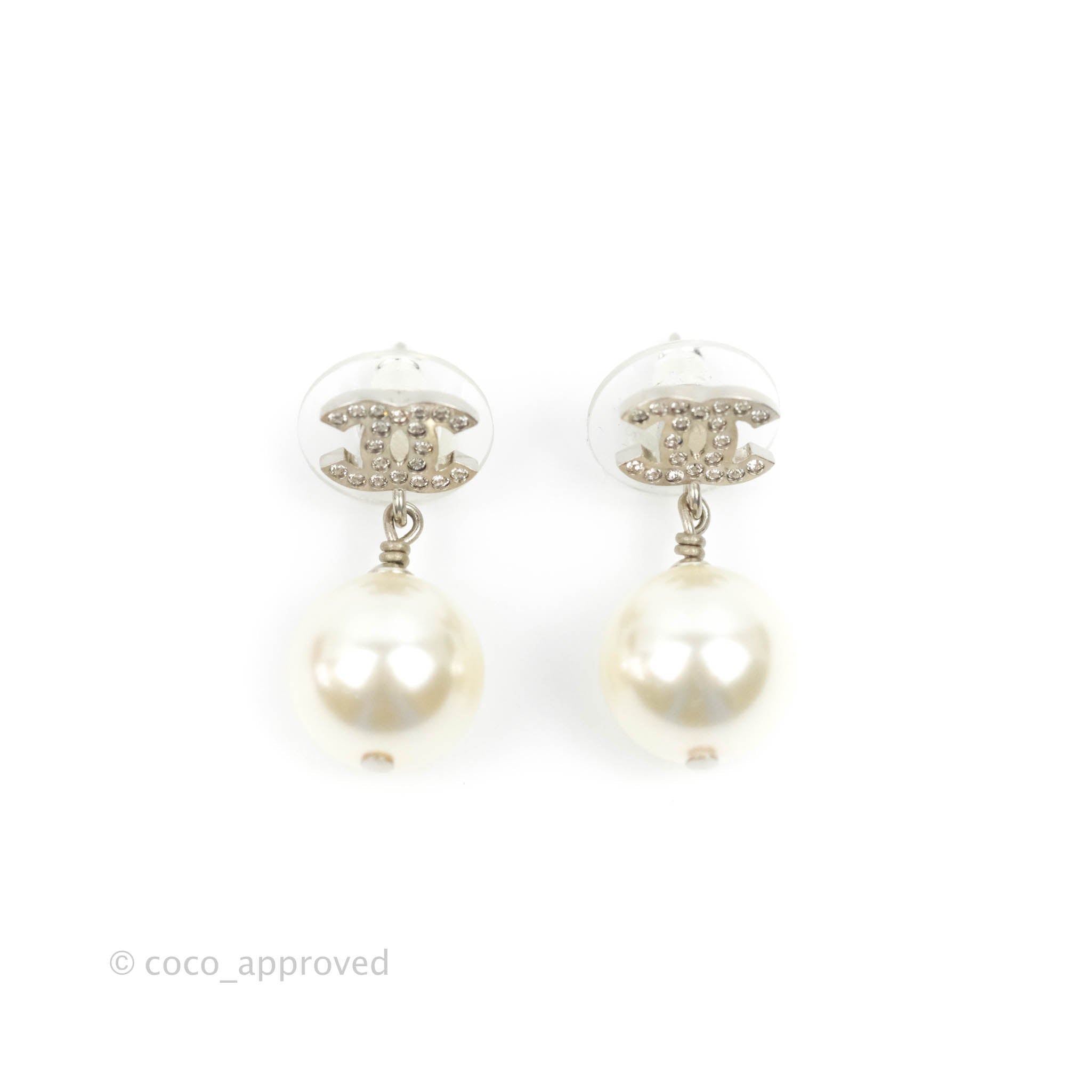 Chanel CC Crystal Pearl Drop Earrings - Silver Tone 23V - Luxury Fashion Jewelry for Women, Perfect for Parties, Weddings & Special Occasions