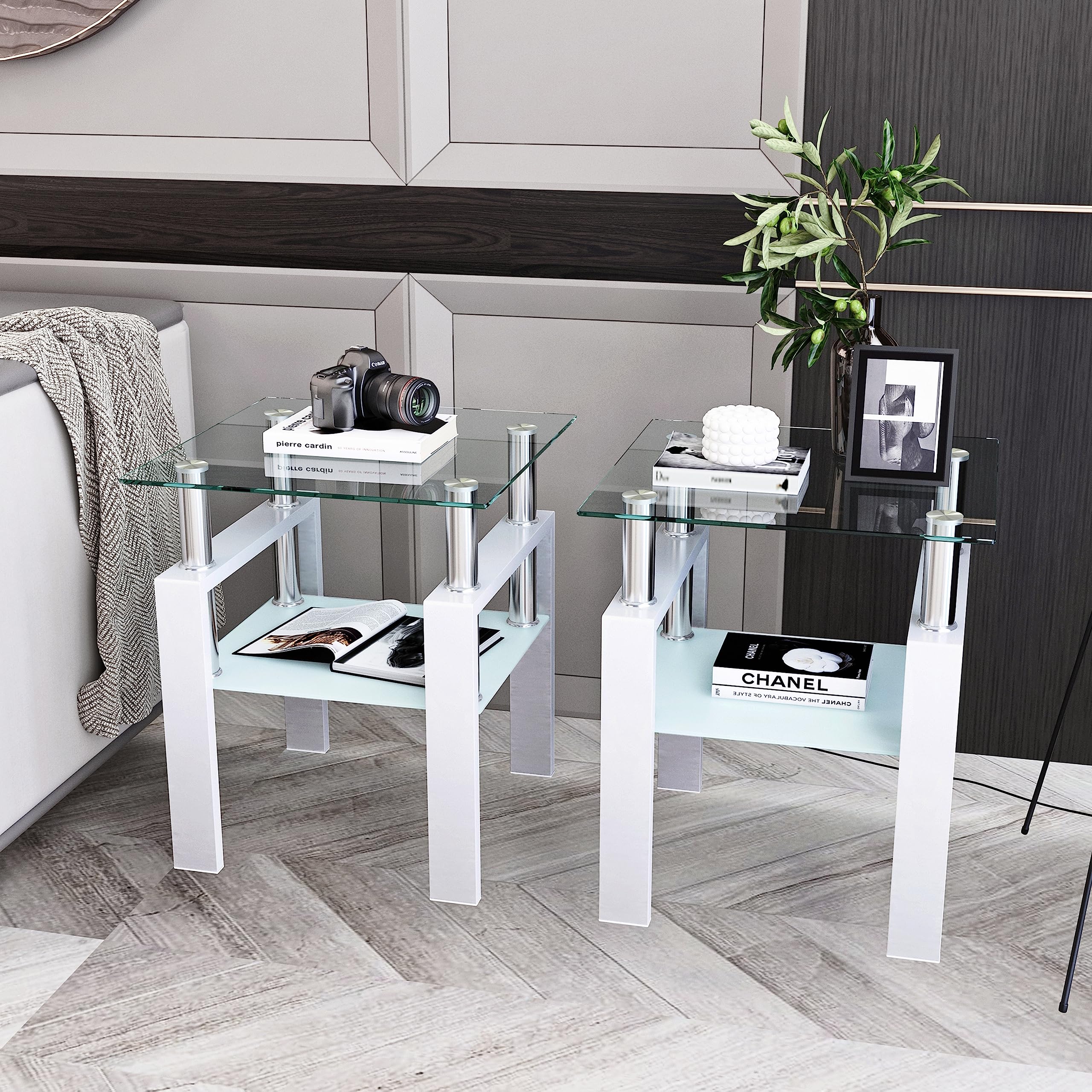 Modern 3-Piece Glass Coffee Table Set with Storage - Black Metal Leg Rectangle Tempered Center & Side Tables for Living Room - White Home Furniture (Perfect for Small Spaces, Apartments & Contemporary Decor)