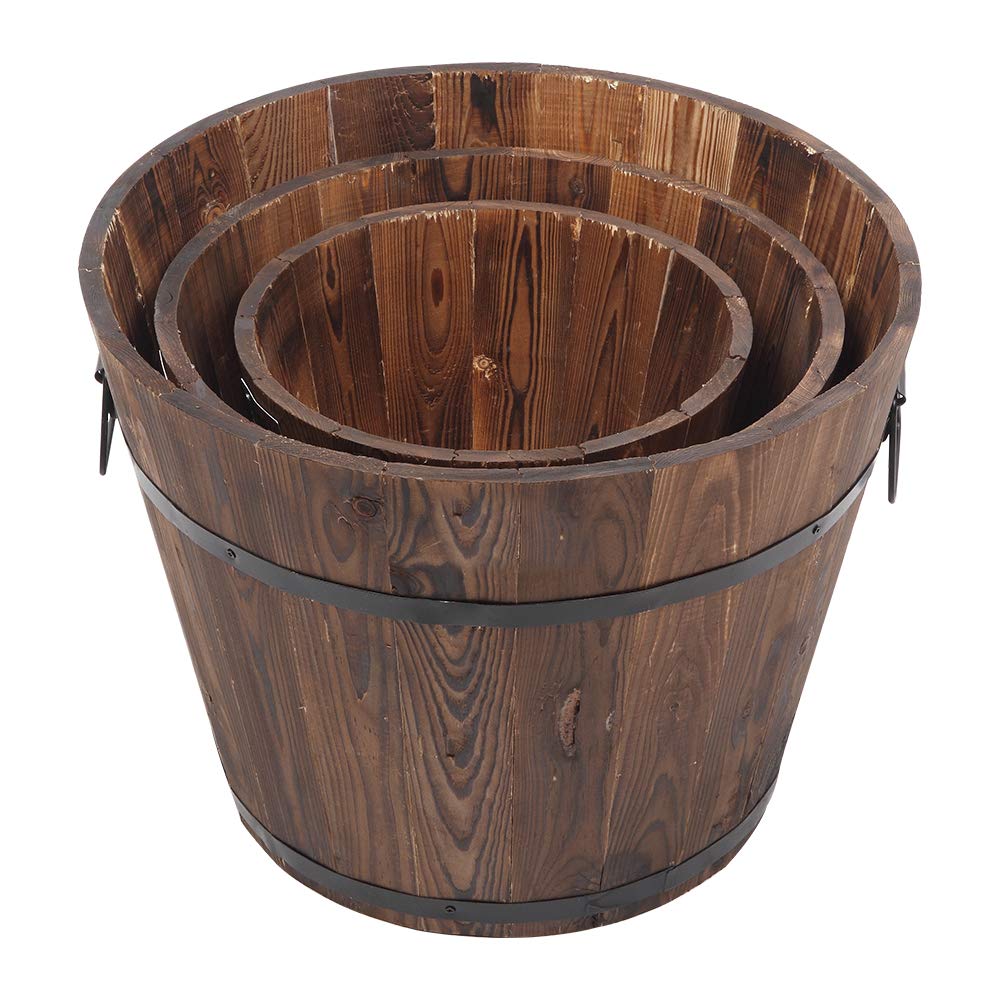 3 Pcs Wooden Planter Barrel Set with Handle & Drainage Holes - Rustic Whiskey Barrel Flower Pots for Plants, Herbs, Vegetables - Indoor & Outdoor Garden Decor for Patio, Balcony, Backyard