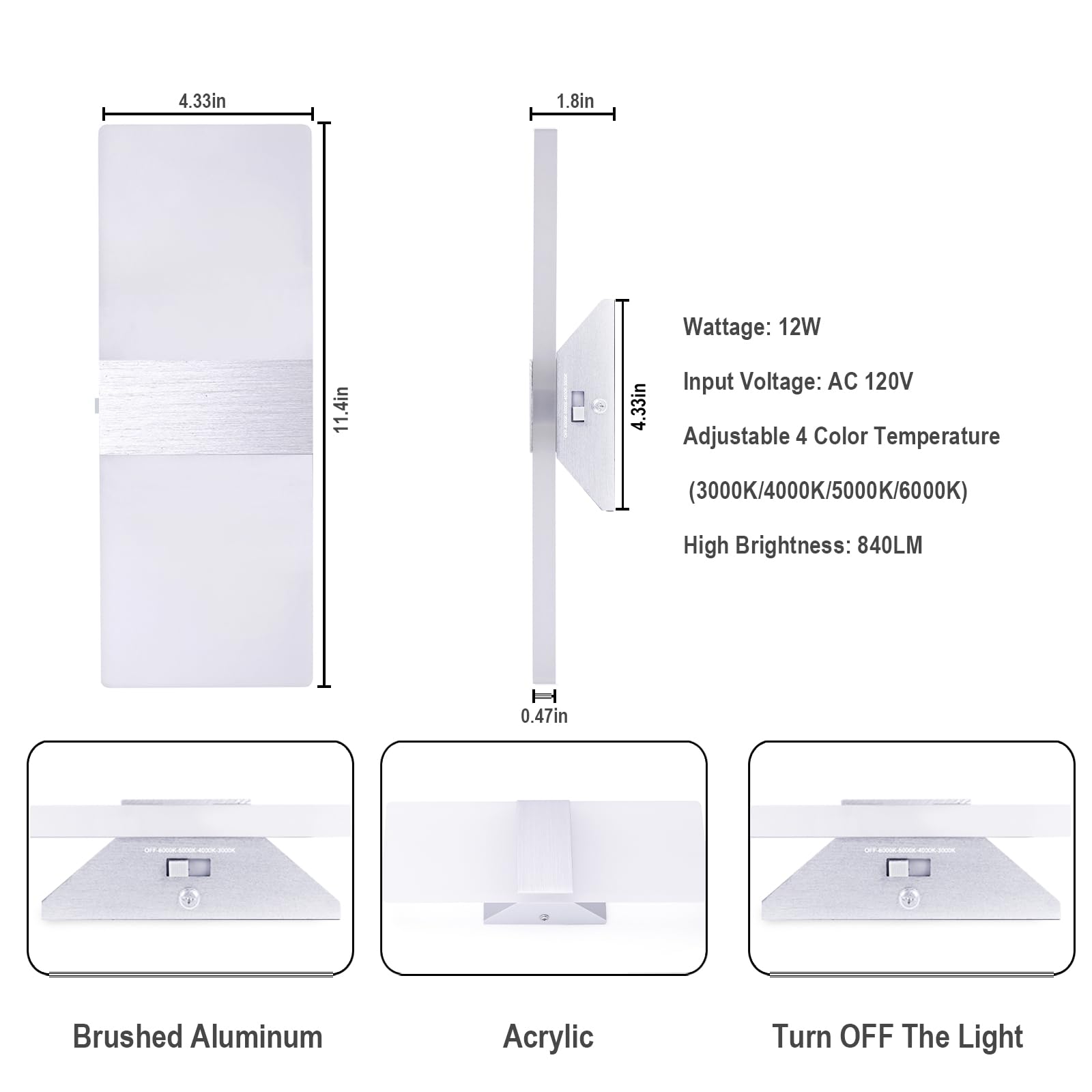 TRLIFE Dimmable LED Wall Sconces - 12W Modern Wall Mounted Light Fixtures with 4 Adjustable Color Temperatures (Set of 2, Silver) | Perfect for Bedroom, Living Room, Hallway & Stairway Lighting