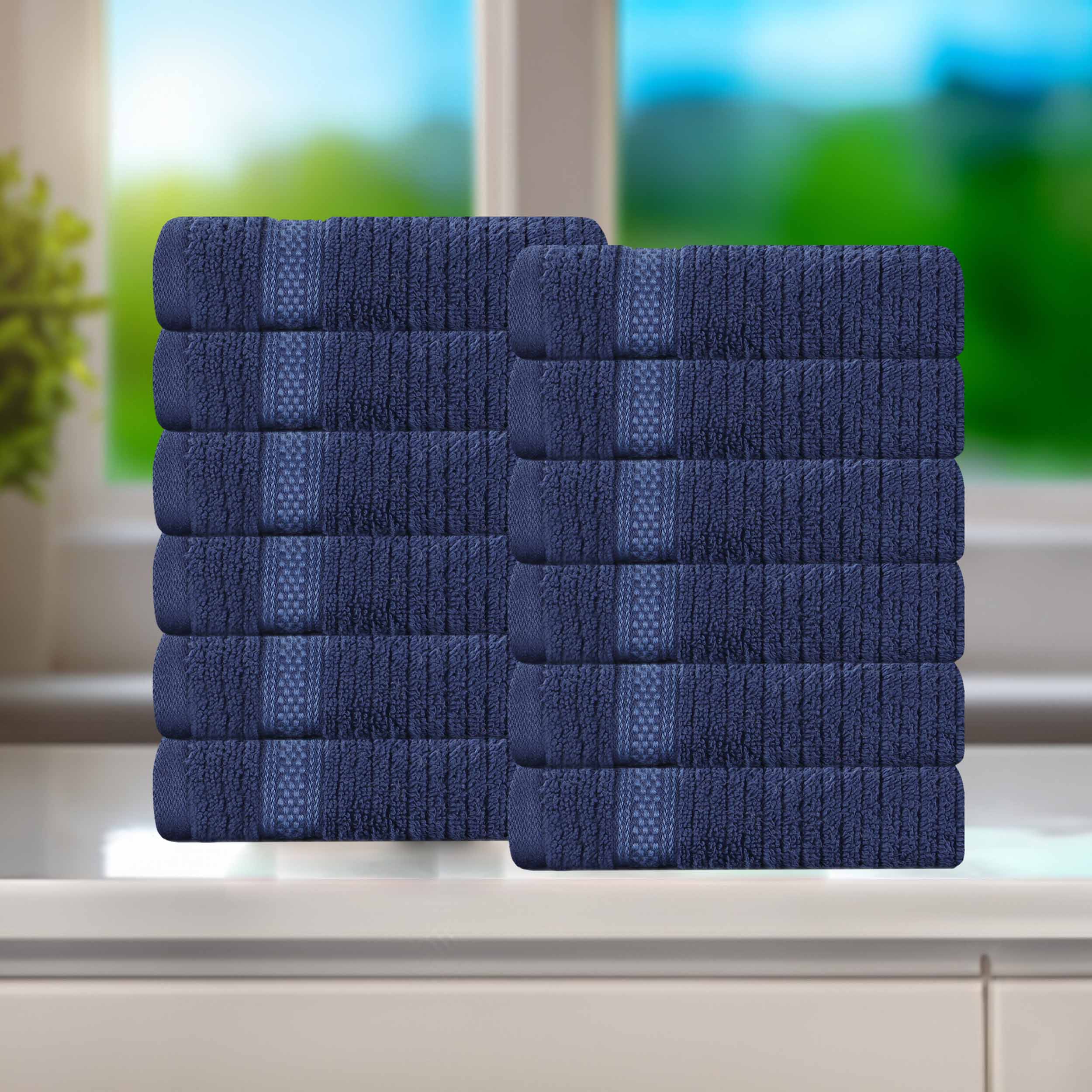 12-Pack Zero Twist Cotton Ribbed Geometric Border Plush Face Towels | Soft & Absorbent Bath & Hand Towels for Spa, Gym, Travel & Home Use
