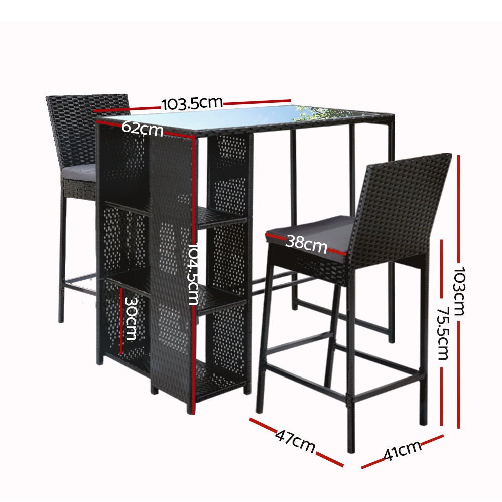 3-Piece Outdoor Bar Set - Patio Dining Chairs with Wicker Table & Stools for Backyard, Garden, Poolside or Deck Relaxation