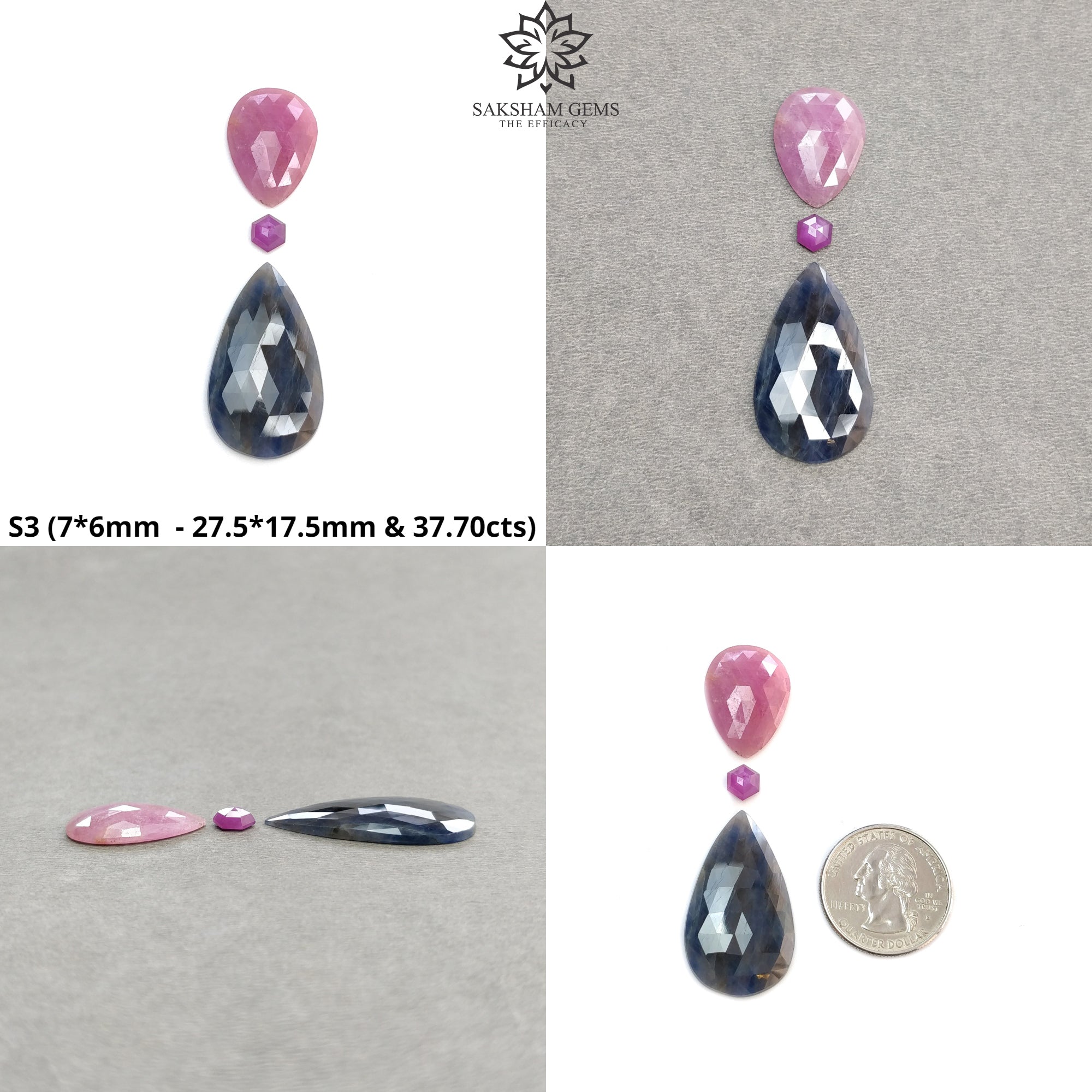 Natural Untreated Unheated Multi-Color Sapphire Gemstone Set - Rose Cut Bi-Color Pear Hexagon Shape (3pcs) for Jewelry Making, Engagement Rings & Unique Gift Ideas