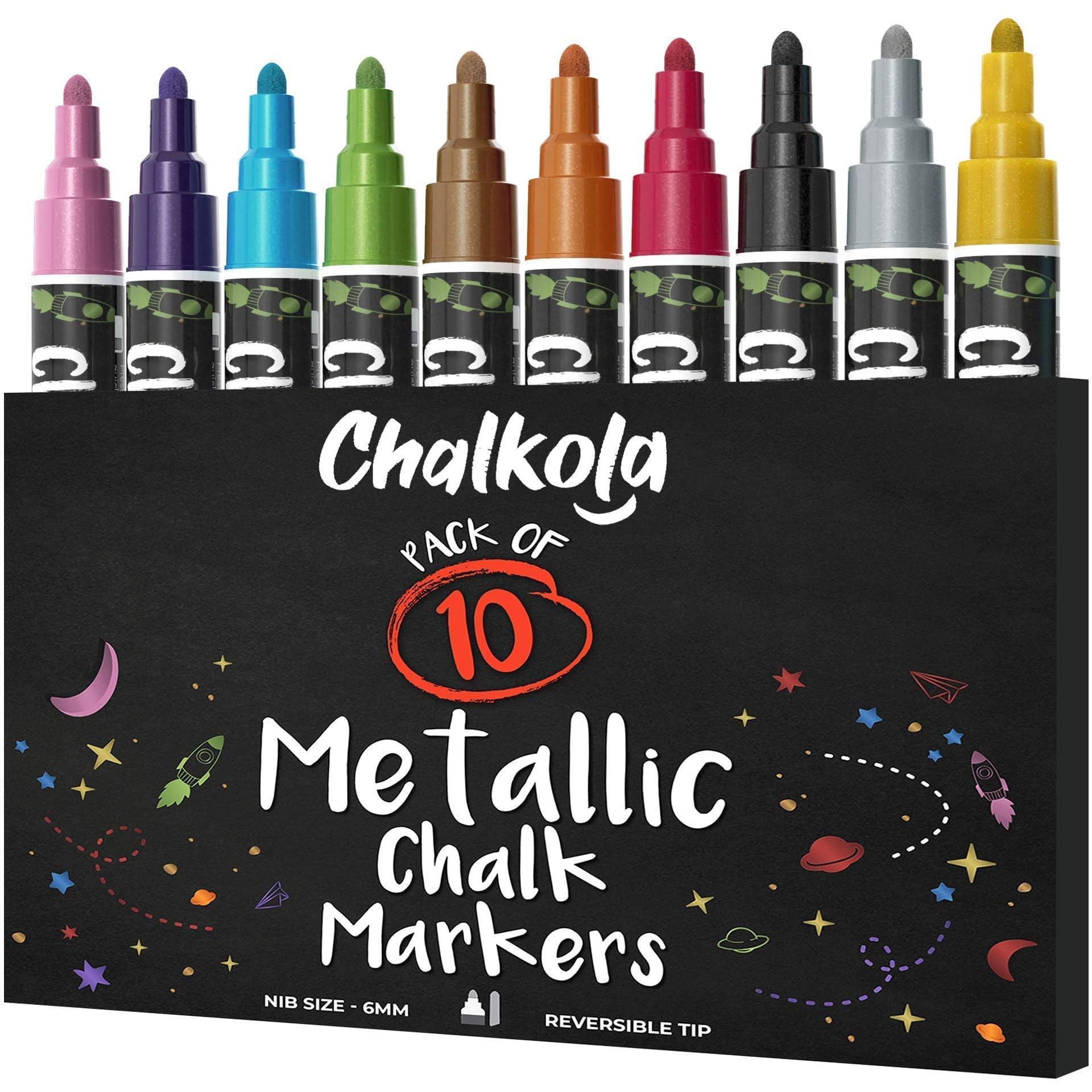 Metallic Chalk Markers 10 Pack - Liquid Chalk Pens for Blackboard, Chalkboard, Bistro Menu, Window Writing - Wet Wipe Erasable - 6mm Reversible Bullet & Chisel Tip - Perfect for Restaurants, Cafes, Classrooms & DIY Crafts