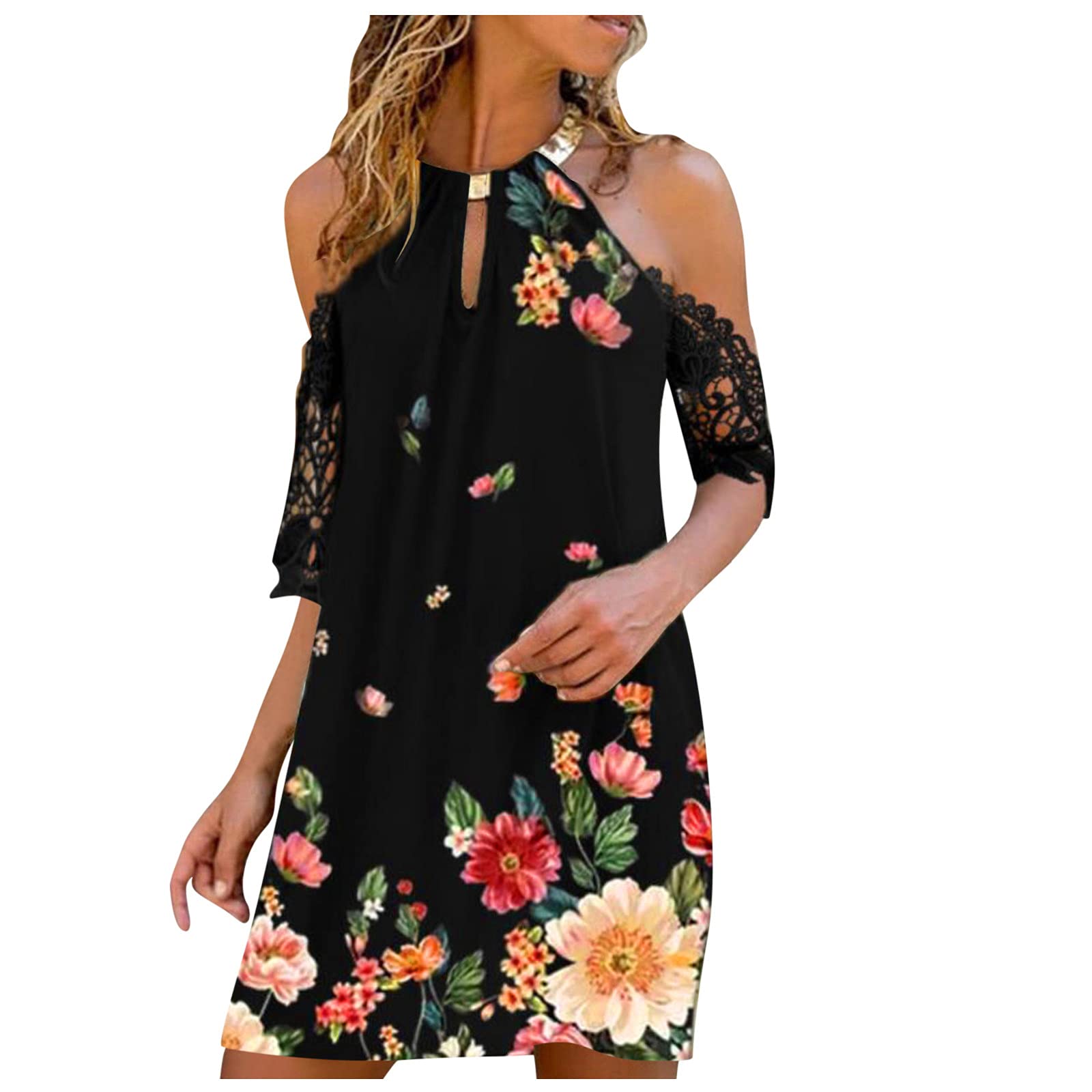 iQKA Women's Floral Print Shirt Dress - Sexy Halter Neck Summer Sundress, Casual Strapless Vestidos for Beach, Vacation & Outdoor Date Night