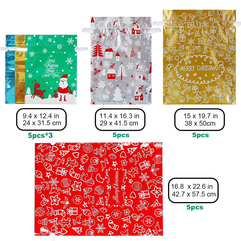HRX 30-Piece Foil Drawstring Christmas Gift Bags Set - Assorted Sizes for Holiday Presents & Party Favors | Festive Xmas Wrapping Pouches for Gifts, Stocking Stuffers & Secret Santa Exchanges