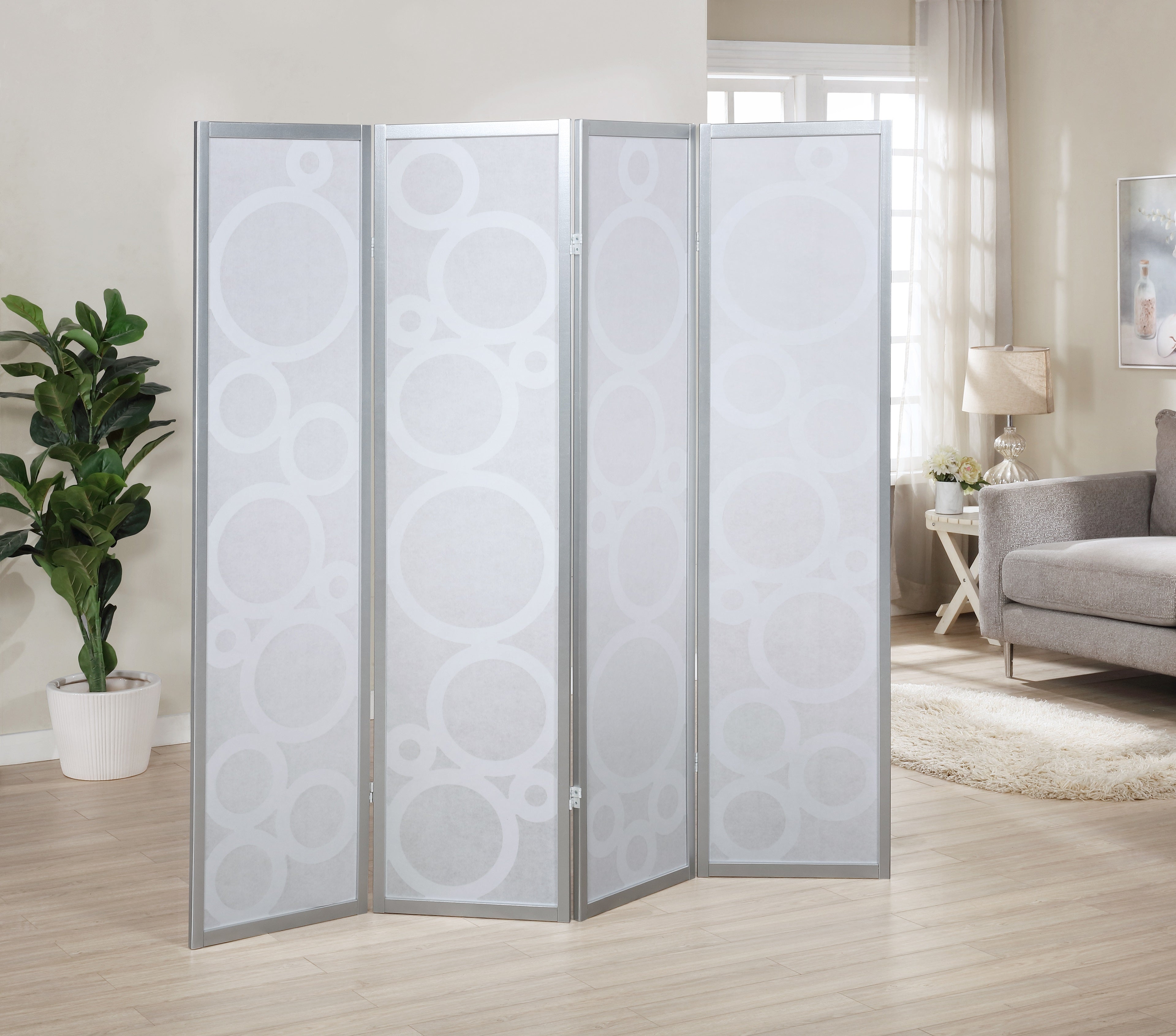 Roundhill Furniture Arvada 4-Panel Wooden Room Divider with Decorative Circle Pattern in Silver Finish - Perfect for Home Office, Living Room & Bedroom Privacy