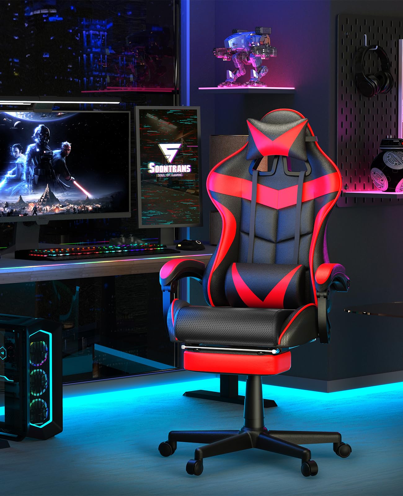 Soontrans Red Gaming Chair with Footrest - Ergonomic Racing Style Computer Gaming Chair with Adjustable Headrest & Lumbar Support - Perfect for PC Gaming, Esports, Home Office & Streaming Setup