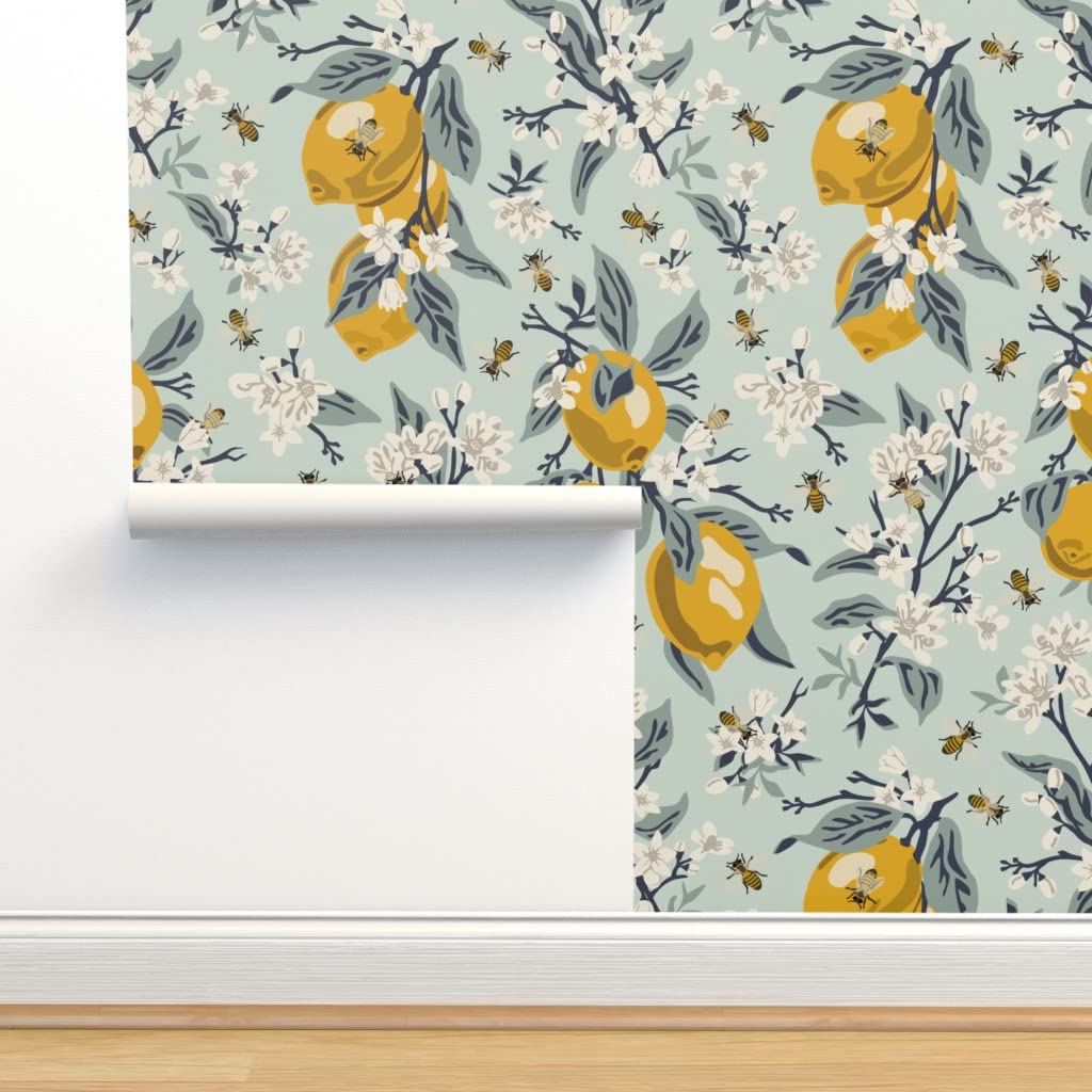 Commercial Grade Wallpaper Swatch - Lemon Floral Mint Blue Green Citrus Garden Honeybees Vintage Style Traditional Wallpaper by Spoonflower | Perfect for Home Decor, Nursery, Living Room & Office Renovation