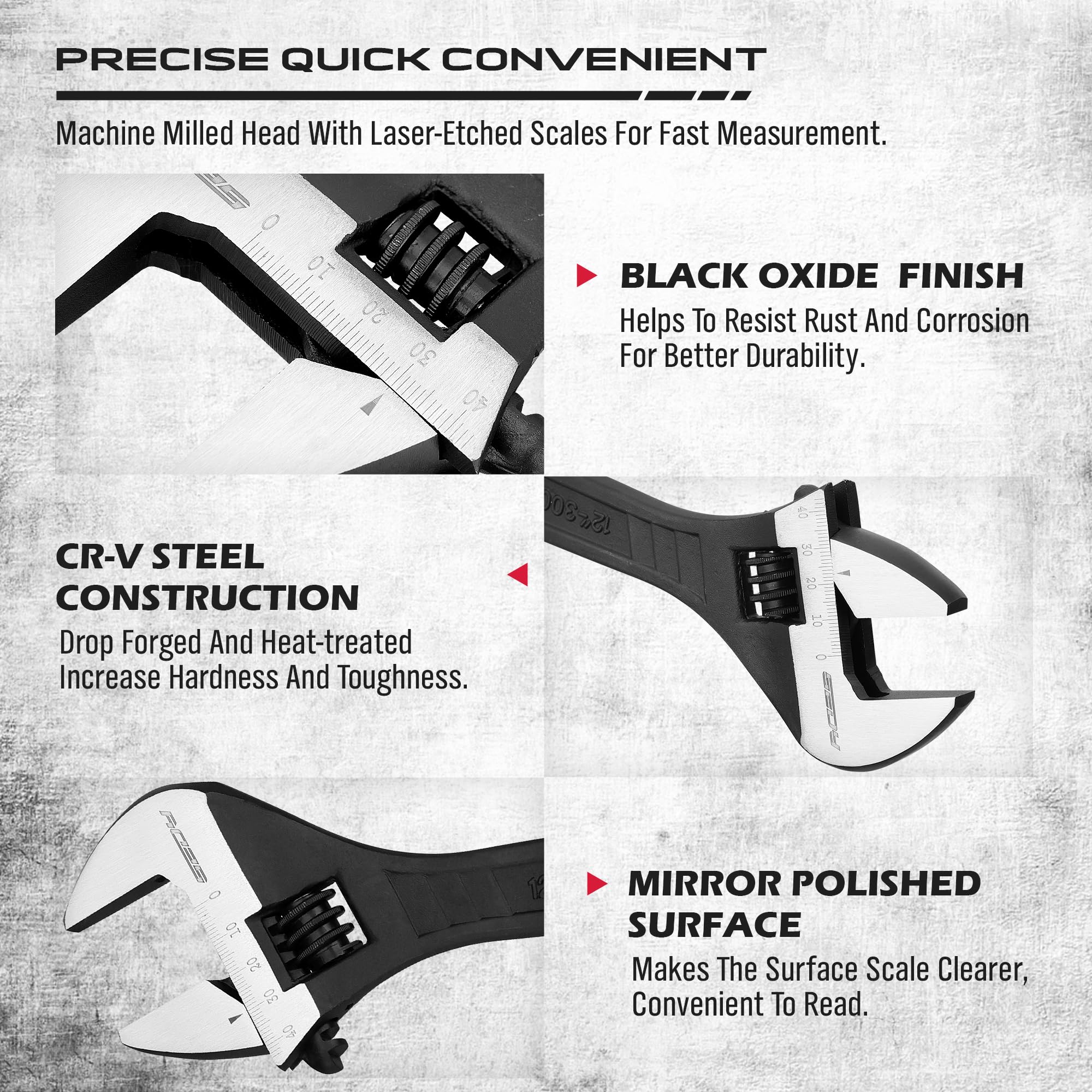 4-Piece Adjustable Wrench Set (6/8/10/12 Inch) - Chrome Vanadium Steel with Black Oxide Finish - Corrosion Resistant Tools for Automotive Repair, Plumbing & Home Maintenance - Perfect for Mechanics, DIY Projects & Household Fixes