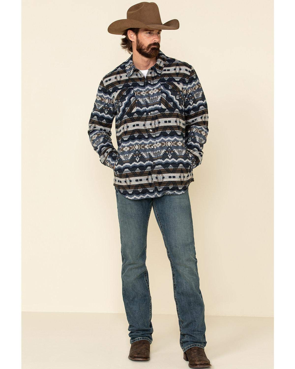 Rock & Roll Denim Jacket for Men - Vintage Indigo Aztec Print Shirt Jacket | Casual Outerwear for Concerts, Festivals & Street Style