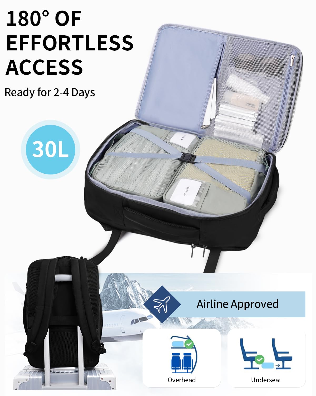 ECOHUB Expandable 30L Carry On Backpack - 17 Inch Water Resistant Laptop Backpack with 12 Pockets, Wet Pocket & USB Cable Slot | Airline Approved Personal Item (18x14x8) | Perfect for Business Travel, College Students & Daily Commute