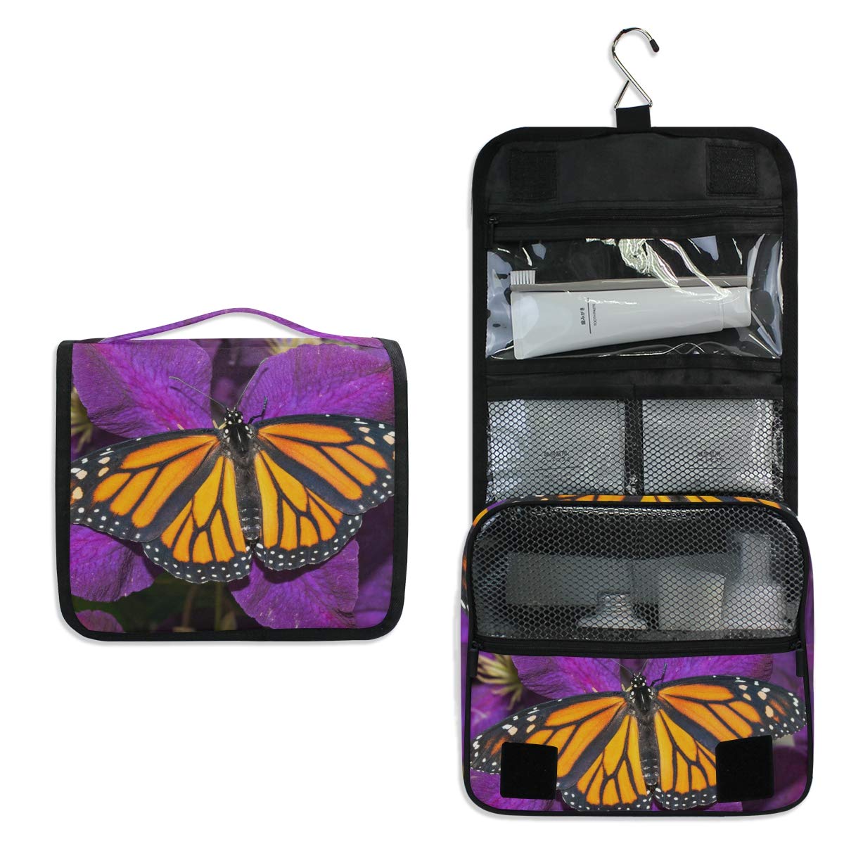 DOMIKING Hanging Travel Toiletry Bag - Waterproof Cosmetic Organizer with Monarch Butterfly Design, Portable Makeup Pouch for Women & Men - Perfect for Travel, Business Trips, Camping & Gym Essentials Storage