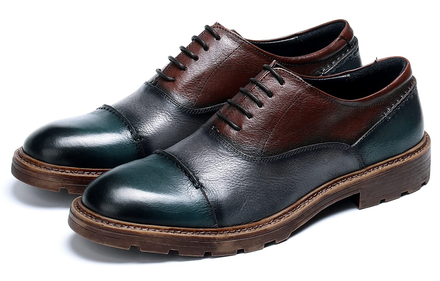Premium Men's Leather Dress Shoes - Classic Cap Toe Oxfords & Derby Style in Blue & Brown | Formal Business Attire, Wedding & Office Wear