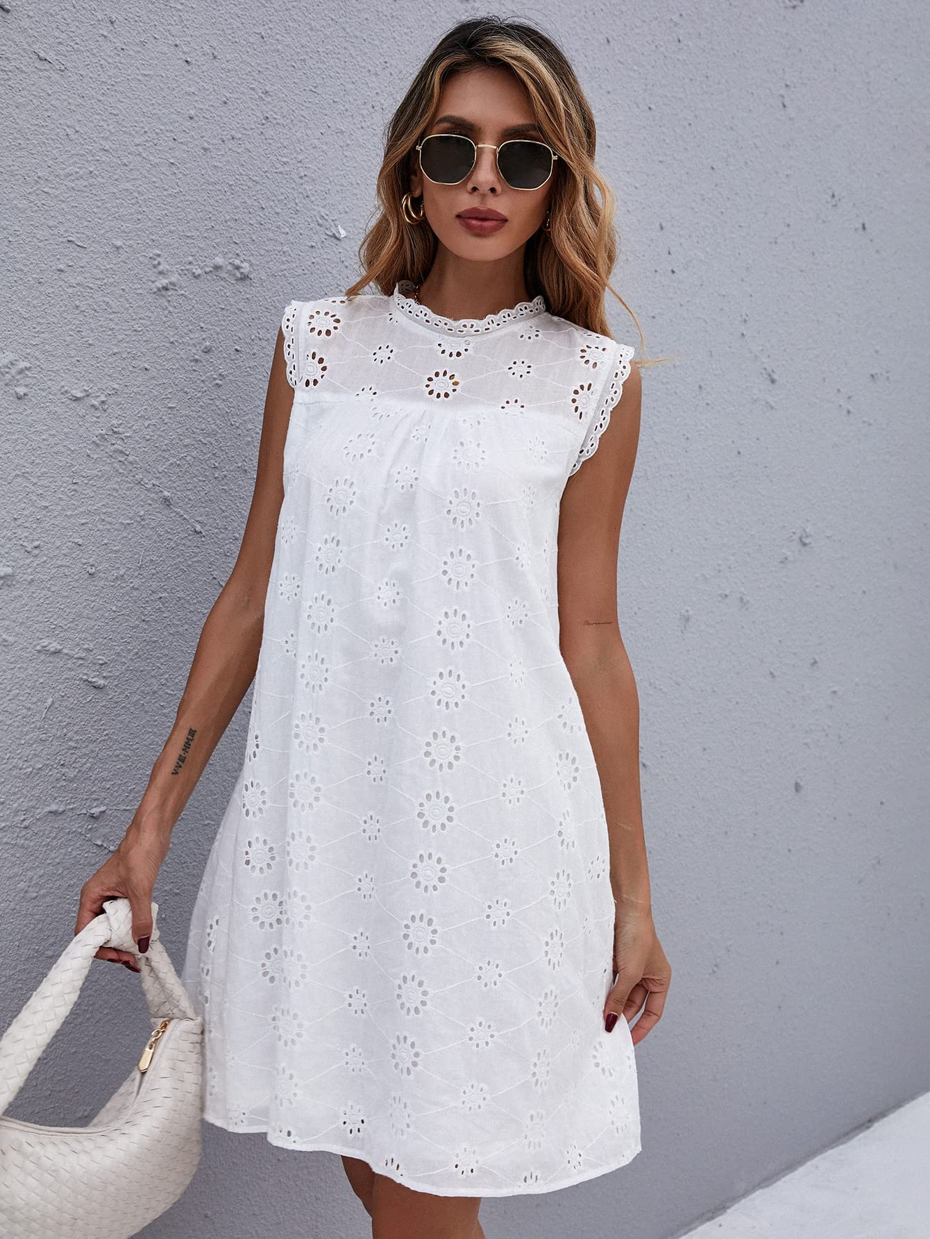 Women's Sleeveless Eyelet Embroidery Mock Neck Tunic Dress - Loose Flowy Shift Summer Dress in White (Size Large) | Perfect for Beach Vacations, Garden Parties & Casual Outings