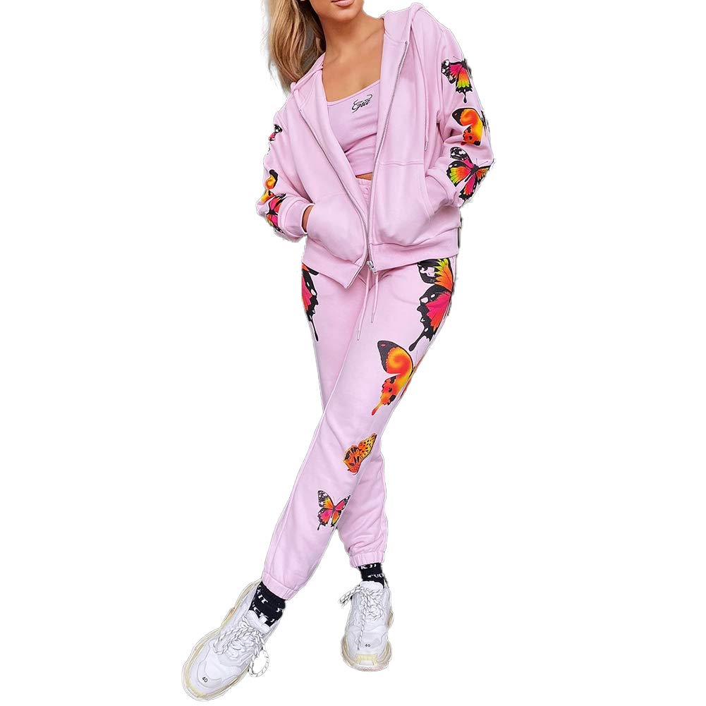 Women's Two Piece Jogging Suits Set - Butterfly Print Zip Up Hoodie & Sweatpants Tracksuit for Running, Yoga & Lounge Wear