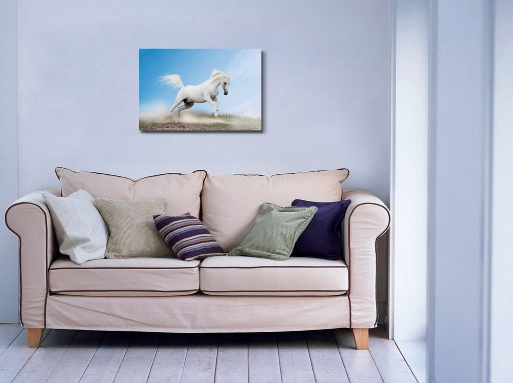 White Arabian Horse Running Canvas Print - 24x36 Inch Stretched Gallery Wall Art, Ready to Hang | Modern Home Decor for Living Room, Bedroom & Office | Giclee Printed Horse Painting for Equestrian Lovers