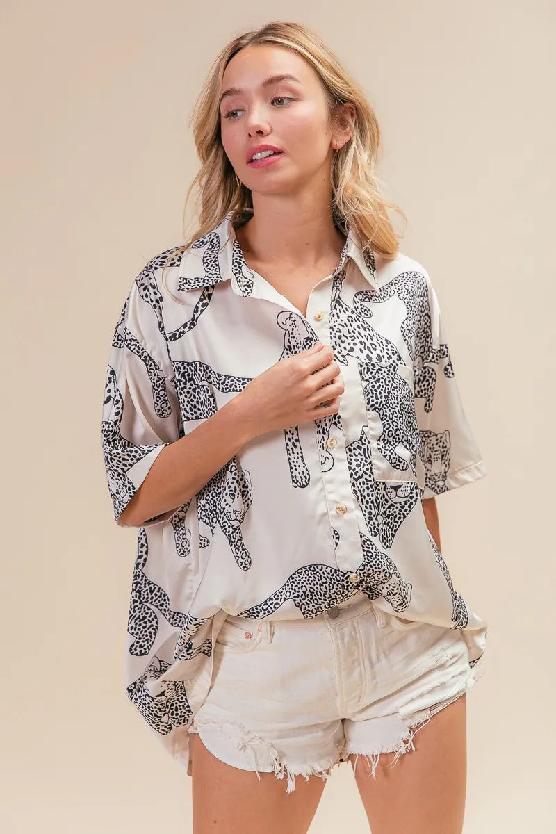 BiBi Leopard Print Short Sleeve Silky Satin Shirt Top for Women - Stylish Blouse for Casual Wear, Office Outfits & Night Out