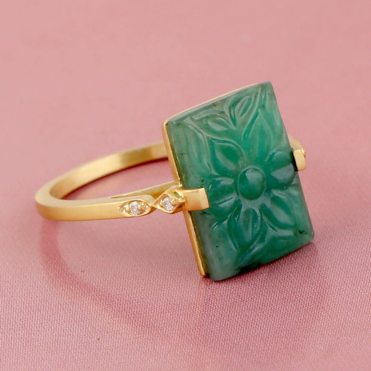 18K Yellow Gold Hand-Carved Floral Emerald Pave Diamond Ring for Women - Elegant Bridal, Engagement & Anniversary Jewelry Gift