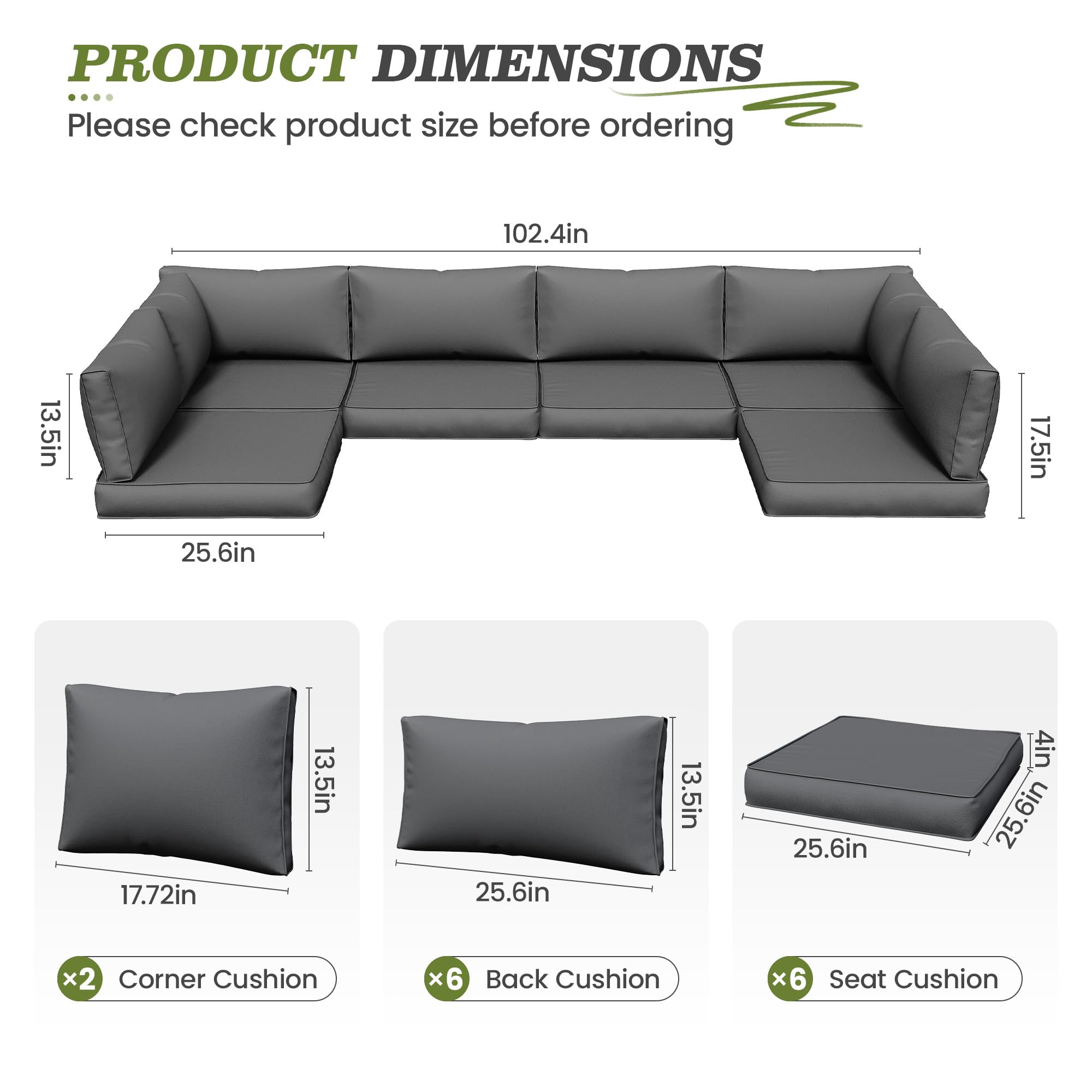 Amopatio 14-Piece Waterproof Outdoor Sofa Cushions Set for 6-Seat Patio Sectional - Quick-Dry, Non-Slip, All-Weather Replacement Cushions with Eco-Friendly Oeko-TEX Certified Fabric (Grey) - Perfect for Backyard, Poolside & Garden Furniture