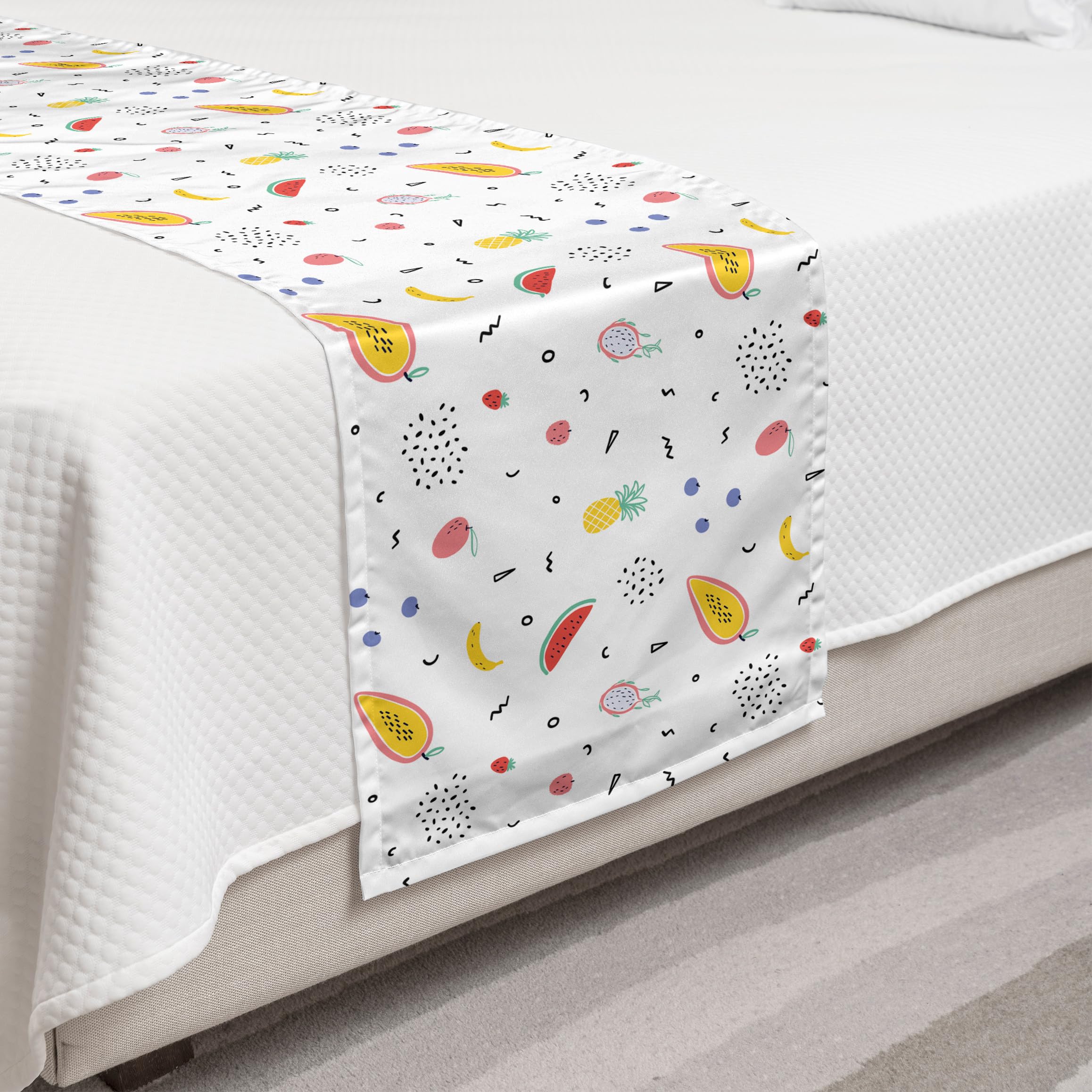 Ambesonne Fruits Bed Runner - Hand Drawn Tropical Pattern with Dots & Mini Motifs on Plain Background | Decorative Bedding Scarf for Hotels, Homes & Guest Rooms | Multicolor Accent Piece | Perfect for Tropical Themed Bedrooms, Vacation Rentals & Resort Decor