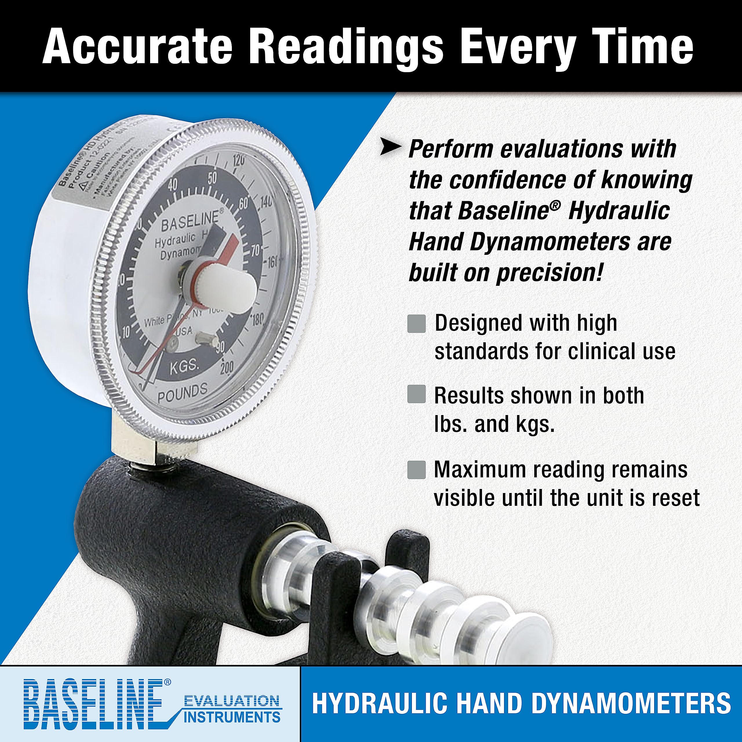 Baseline HD Hand Dynamometer - 200 lb Capacity Grip Strength Tester for Physical Therapy, Fitness & Rehabilitation - Perfect for Athletes, Therapists & Home Use