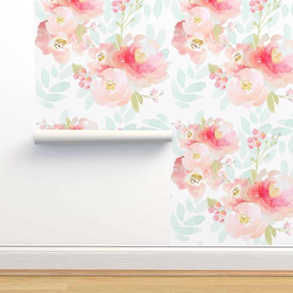Premium Commercial Grade Wallpaper - 27ft x 2ft Bloom Pink Plush Floral Watercolor Design for Nursery, Girls Room & Baby Decor | Traditional Blue Floral Pattern by Spoonflower | Perfect for Bedroom, Nursery, Kids Room & Home Decoration