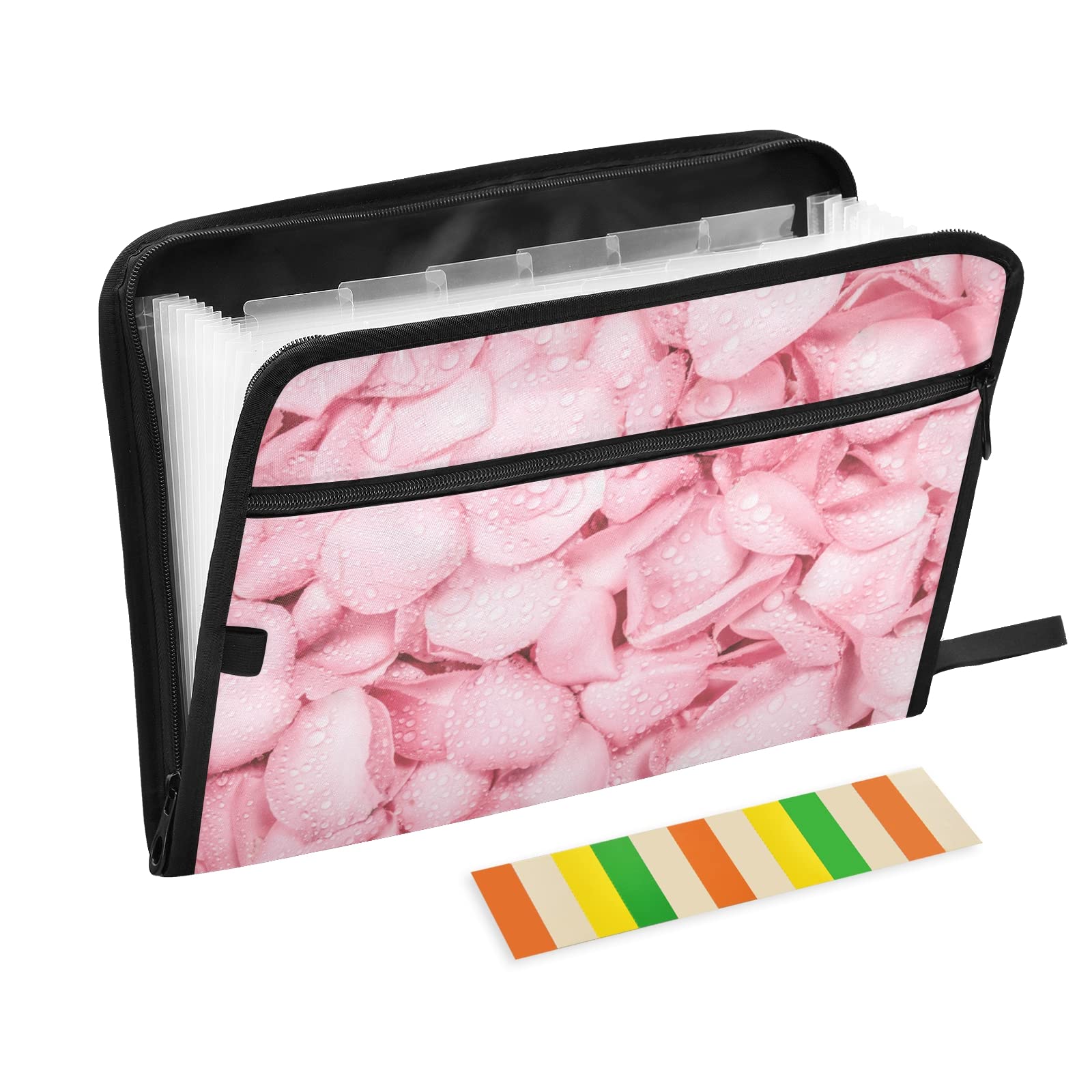 KFBE Pink Petal Expanding File Folder - 13 Pocket Accordion Organizer with Sticky Labels & Zipper Closure for Letter/A4 Paper Documents - Perfect for Office, School, Home Filing & Document Storage
