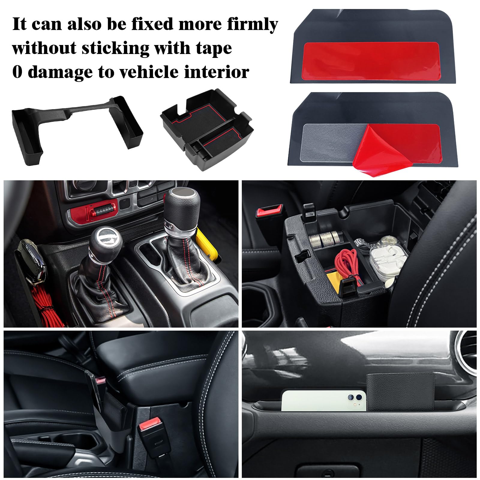 4PCS Jeep Wrangler JL JLU & Gladiator JT Center Console Organizer Set (2018-2023 Models) - Gear Shift Tray, Hanging Storage Box, Co-Pilot Organizer & Armrest Storage | Perfect for Road Trips, Off-Roading & Daily Commuting