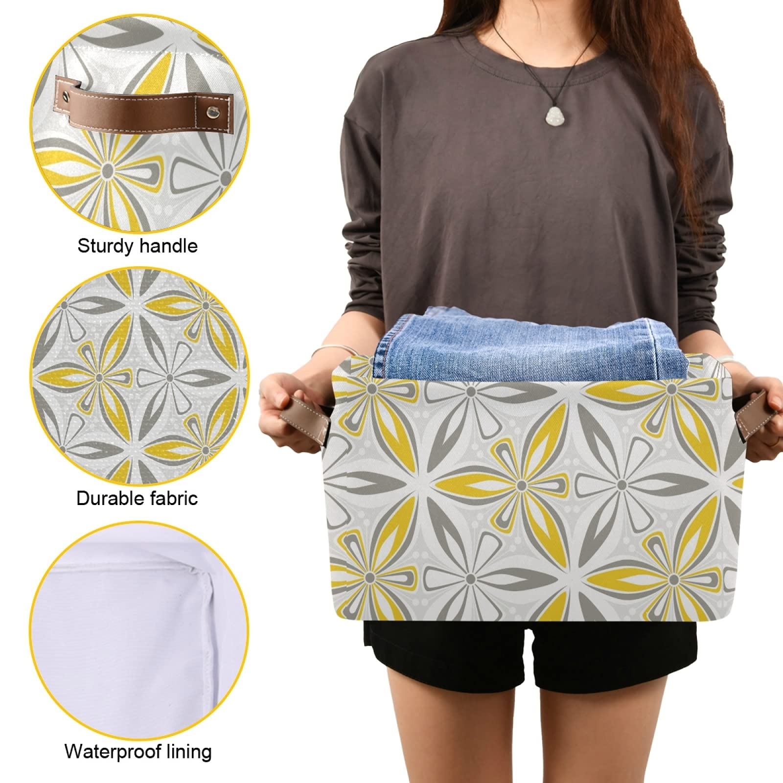 Susiyo Grey Yellow Geometric Flower Storage Bins - 14 x 10 Inch Canvas Storage Basket for Shelves, Closet Organizing (1 Piece) - Perfect for Home Decor, Bedroom Storage & Kids' Room Organization