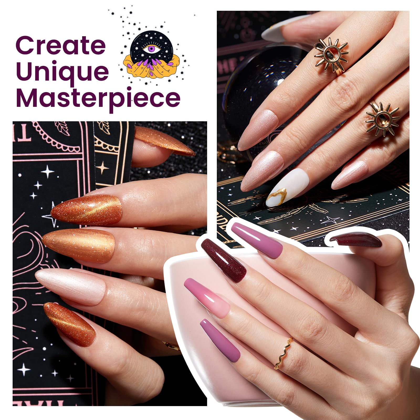 Beetles Cat Eye UV Gel Nail Polish Set - 6 Colors (Purple Glitter, Nude Sparkle, Champagne, Burgundy, Gold, Lavender) with Magnetic Effect - Professional Salon Quality Nail Art Design Kit - Perfect Gift for Women - Great for Home Manicures, Parties & Special Occasions