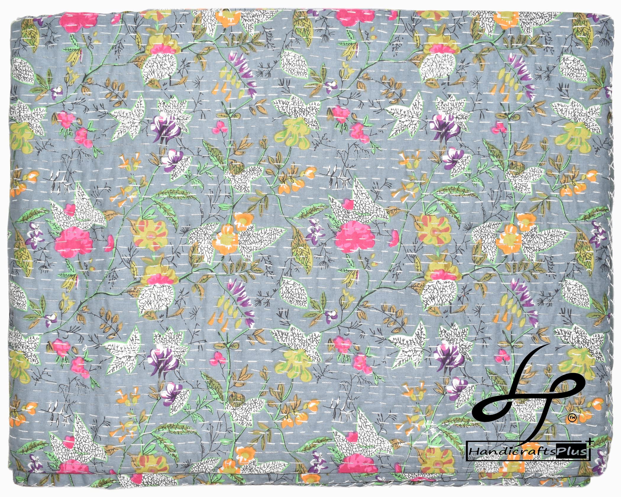 Handmade Kantha Quilt King/Queen Size - Floral Print Grey Bedspread 90x108