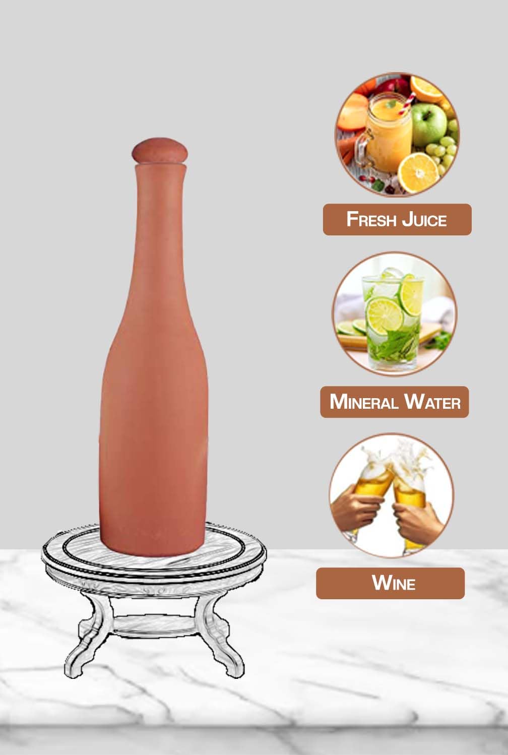 Village Decor Preseasoned Handmade Terracotta Water Bottle with Cork & Tray - 27oz Clay Mud Bottle for Home, Office & Outdoor Use | Natural Cooling Water Storage