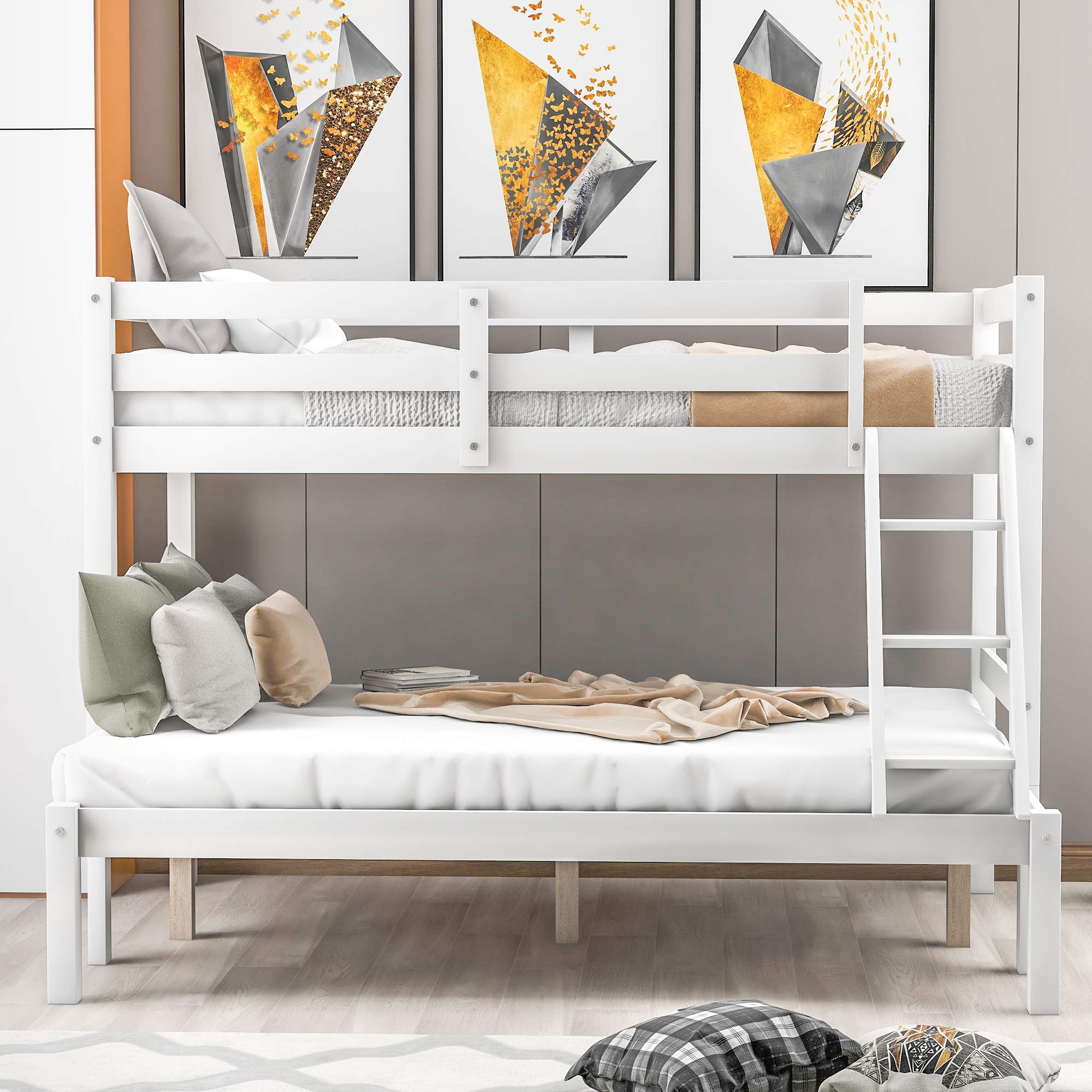 Solid Wood Twin Over Full Bunk Bed with Guardrail & Ladder - Convertible to Twin Loft Bed or Full Size Bed - Wood Slat Support - No Box Spring Needed (White) - Perfect for Kids' Rooms, Guest Rooms & Space-Saving Bedroom Solutions