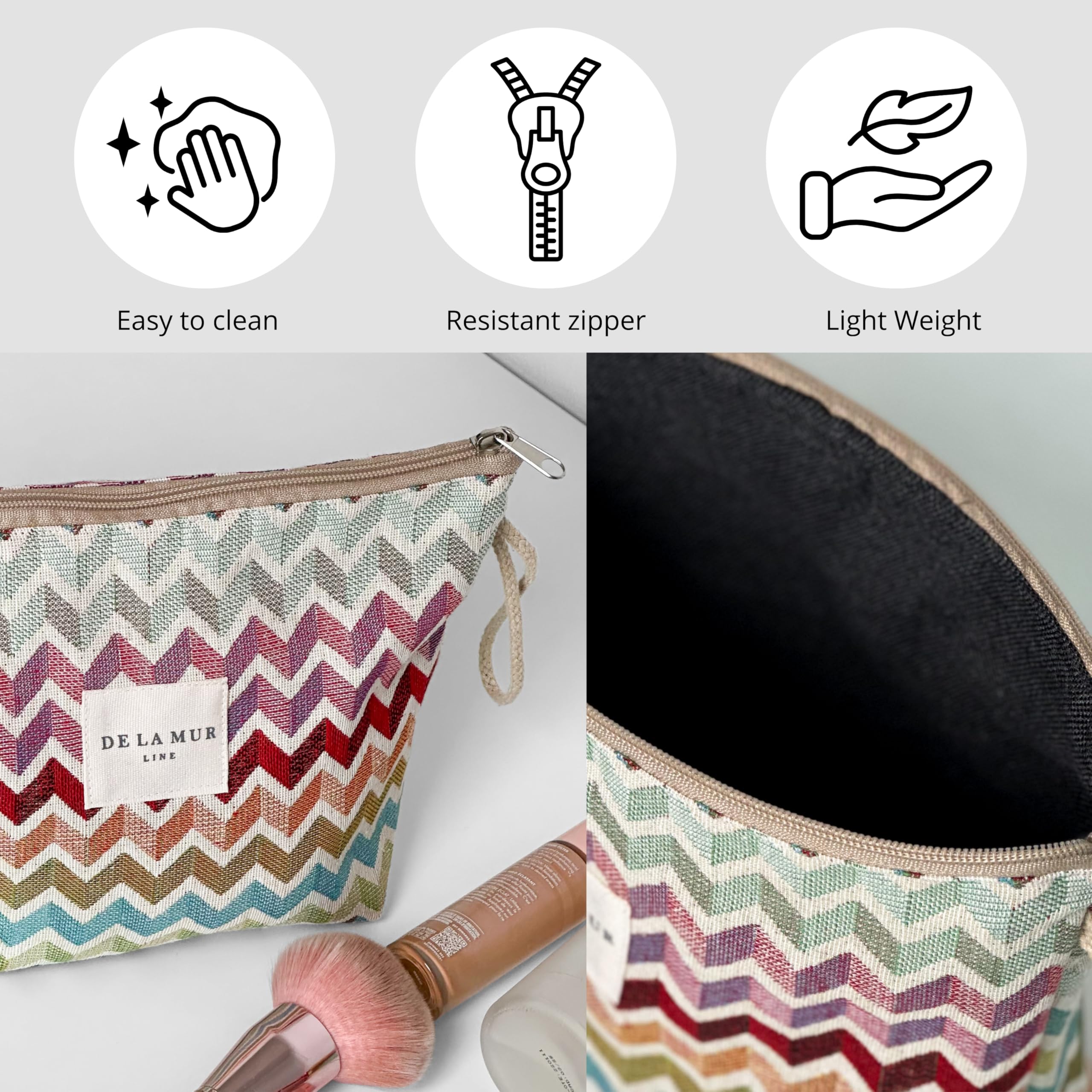 Large Chevron Travel Makeup Bag for Women - Stylish Spacious Cosmetic Organizer & Durable Toiletry Bag | Perfect for Travel, Skincare & Daily Essentials | Made in Barcelona Spain | Ideal for Vacations, Gym & Weekend Getaways