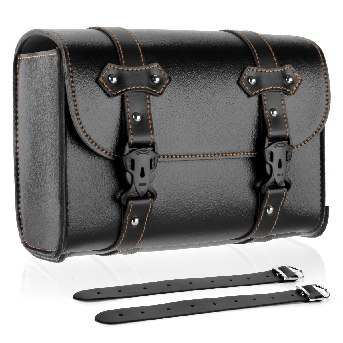 Universal PU Leather Motorcycle Tool Bag - Waterproof Fork Bag & Sissy Bar Storage for Honda, Kawasaki, Suzuki, Yamaha, Sportster - Large Black Handlebar Saddlebag for Road Trips & Daily Commuting