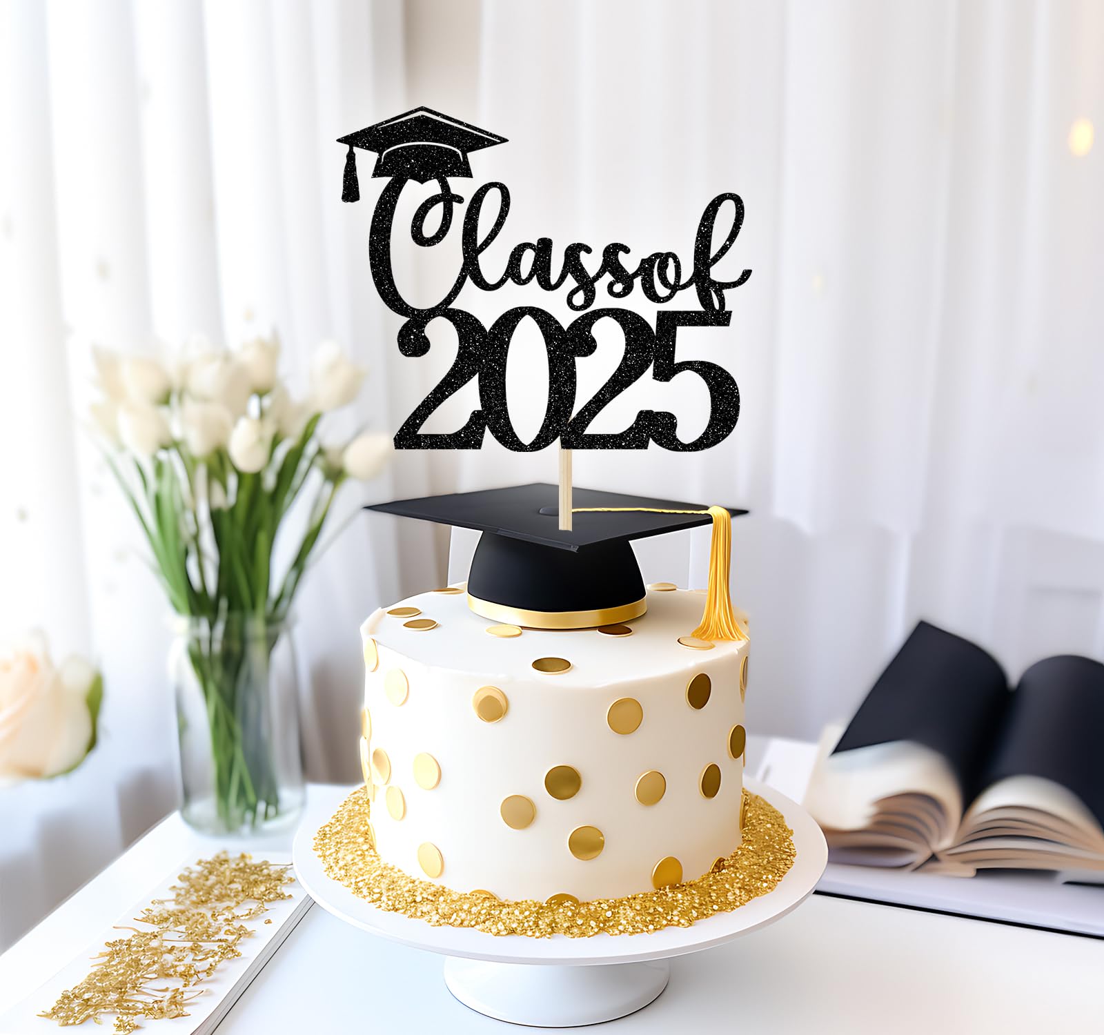 2025 Graduation Cake Topper - Black Glitter High School & College Graduation Party Decor - Class of 2025 Party Supplies for Graduation Ceremony, Commencement Celebration & Grad Night Decorations