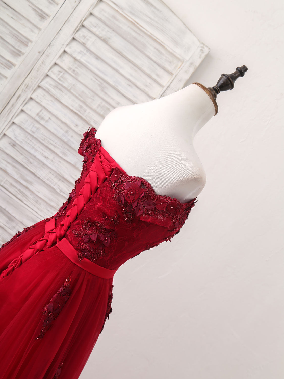 Elegant Burgundy Off Shoulder Tulle Lace Applique Long Prom Dress - Formal Evening Gown for Homecoming, Wedding, and Special Occasions