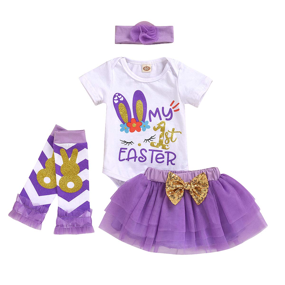 My 1st Easter Outfit for Baby Girls - Bunny Printed Romper with Tutu Skirt, Leg Warmers & Headband Set | Newborn Easter Photoshoot, Spring Celebration & Holiday Party Outfit