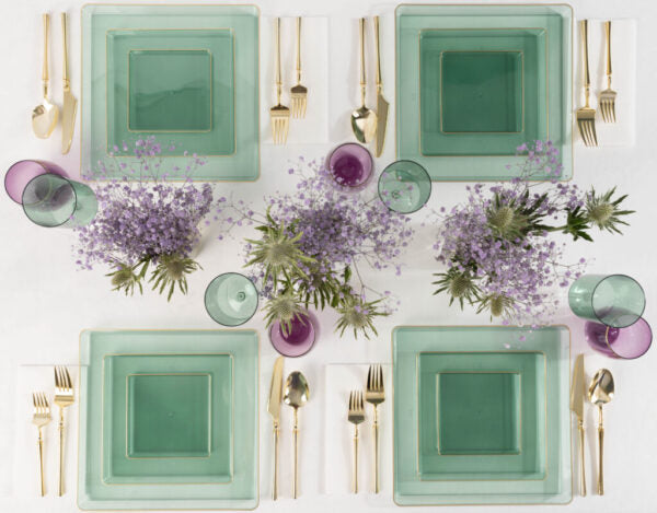 Green and Gold Plastic Party Bundle - Square Edge Disposable Plates, Cups & Cutlery Set for Birthday, Wedding & Holiday Celebrations