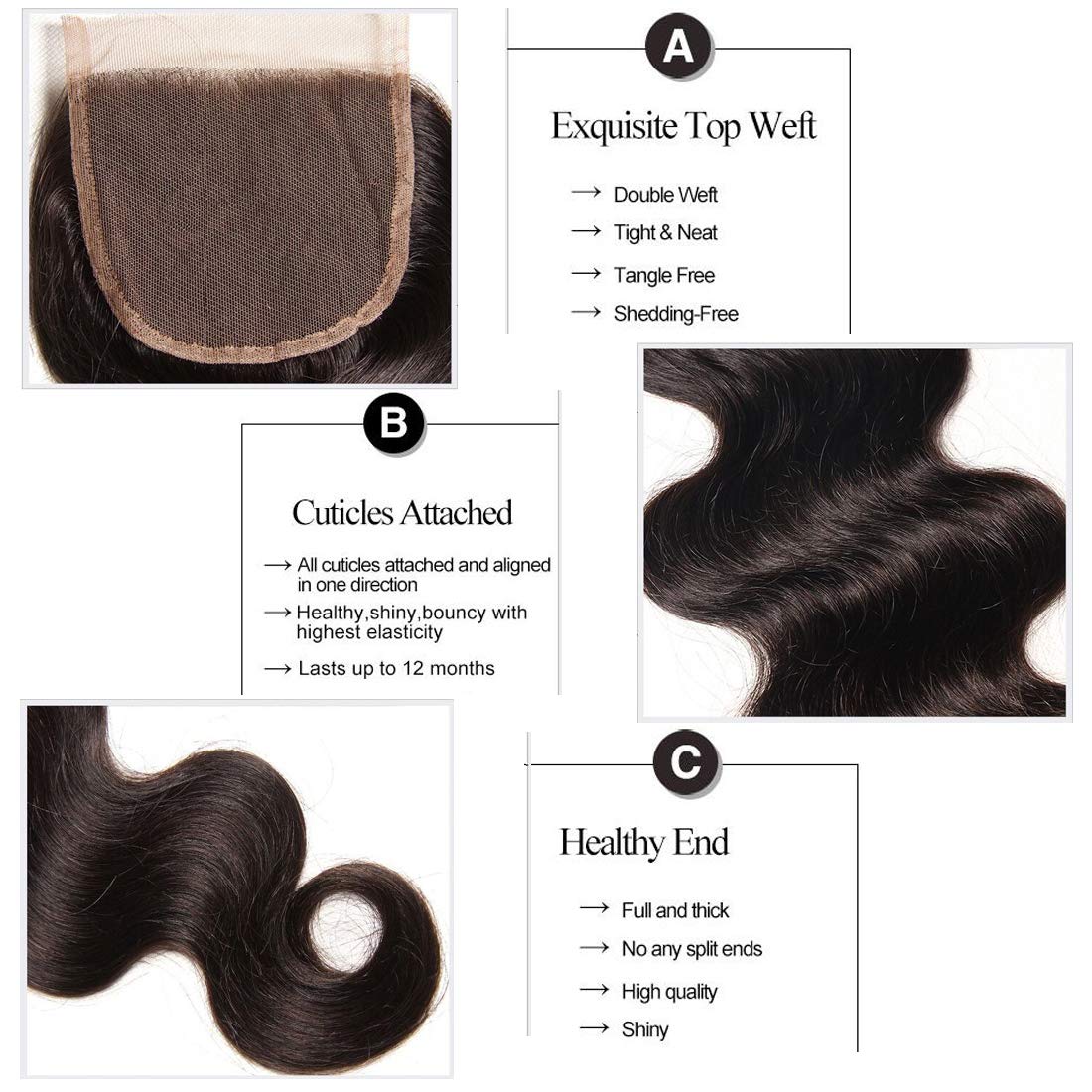 Beauty Forever 100% Unprocessed Indian Virgin Human Hair Extensions - 1 Piece Free Part Body Wave Lace Closure, Natural Color (18